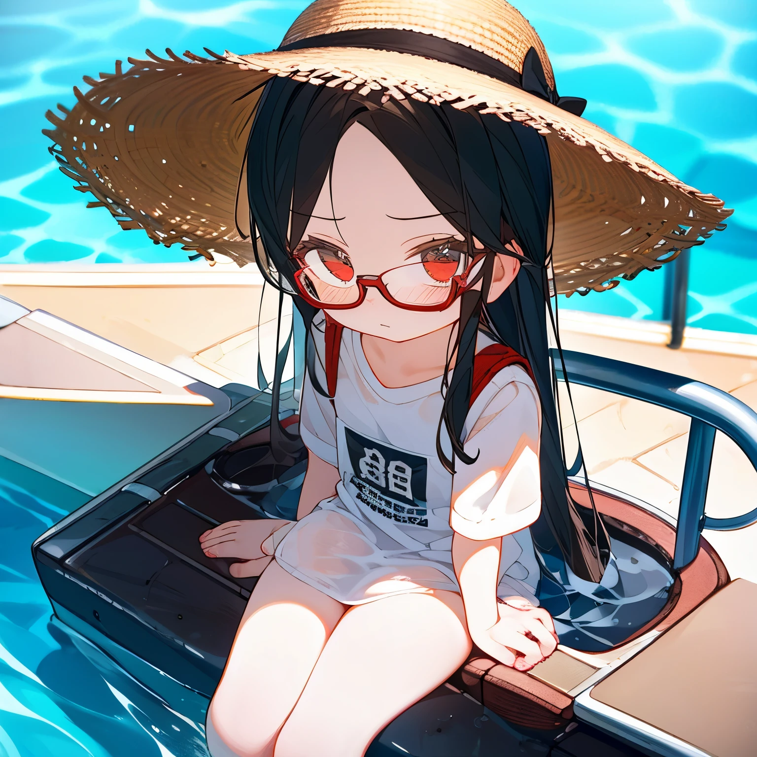 (best quality,masterpiece:1.3),((cute 1 girl:1.2)),(,8 years old:1.4), expressive eyes, perfect face, eye (red), Simple White Headphones, Bucket Hat, long hair Black, Round Glasses Black, Tote Bag, oversize shirt, no pant, low view, wet shirt, forehead, open forehead, pool