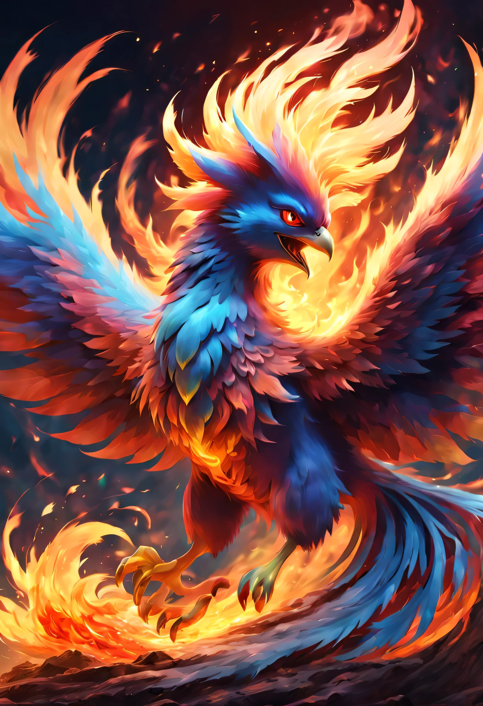 (masterpiece, highest quality:1.2),,fire,fire災の影響,fire pokemon,fireの鳥,jewelry,fantasy,nice,dynamic composition,be familiar with,Cast colorful spells,rich colors,