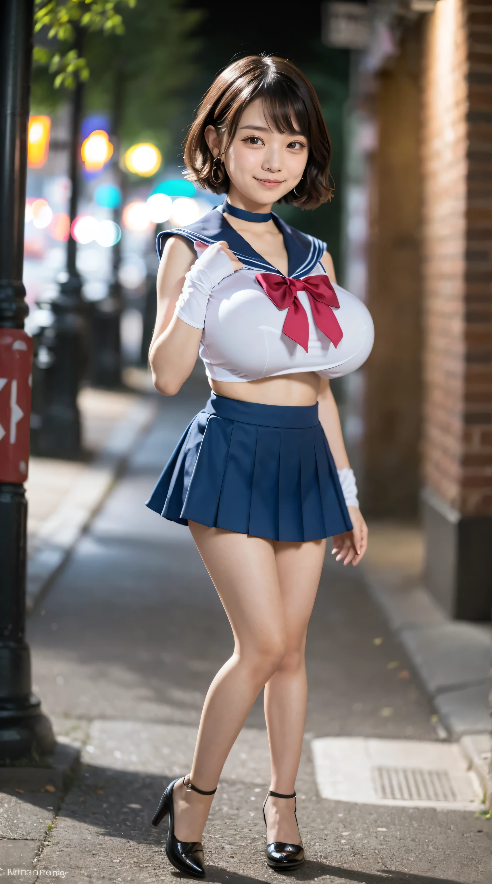 (8K, RAW photo, highest quality, masterpiece, realistic, detailed face, fine skin, Warm color temperature, high angle shot, center view, looking at the viewer:1.2), (full body shot, Front view, straight:1.5), (alone:1.5), 1 girl, (Ople:1.5), beautiful japanese girl, wear (Sailor Moon costume:1.3), elbow bag, heart brooch, Magical girl, pink ribbon, pink choker, Pink sailor color, pink pleats (micro skirt:1.2), tight top, No bra, Are standing, (huge breasts:1.3), (low length:1.3), Height: 140cm, slim, (Short arms and legs:1.2), brown hair, (short hair, bob:1.3), amount, Dull color, earrings, in the street, (night:1.2), smile