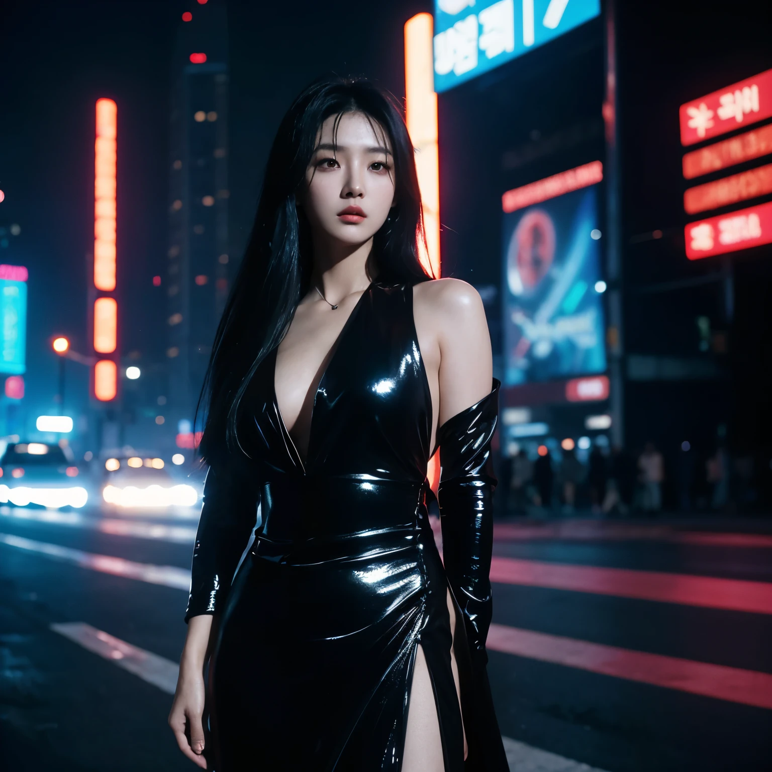 a woman, black hair, long hair, Korean, shiny dress, cyberpunk, futuristic city, 1987 style, 1987 film, masterpiece, best quality, blade runners style, cyberpunk city, dark theme.