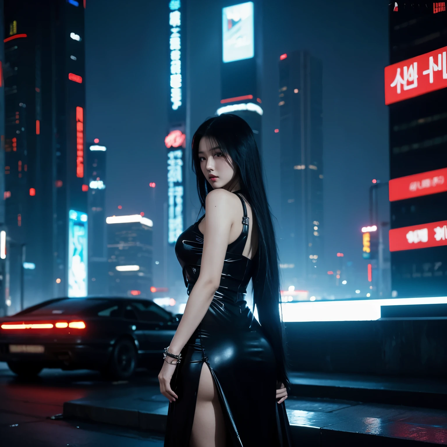 a woman, black hair, long hair, Korean, shiny dress, cyberpunk, futuristic city, 1987 style, 1987 film, masterpiece, best quality, blade runners style, cyberpunk city, dark theme.