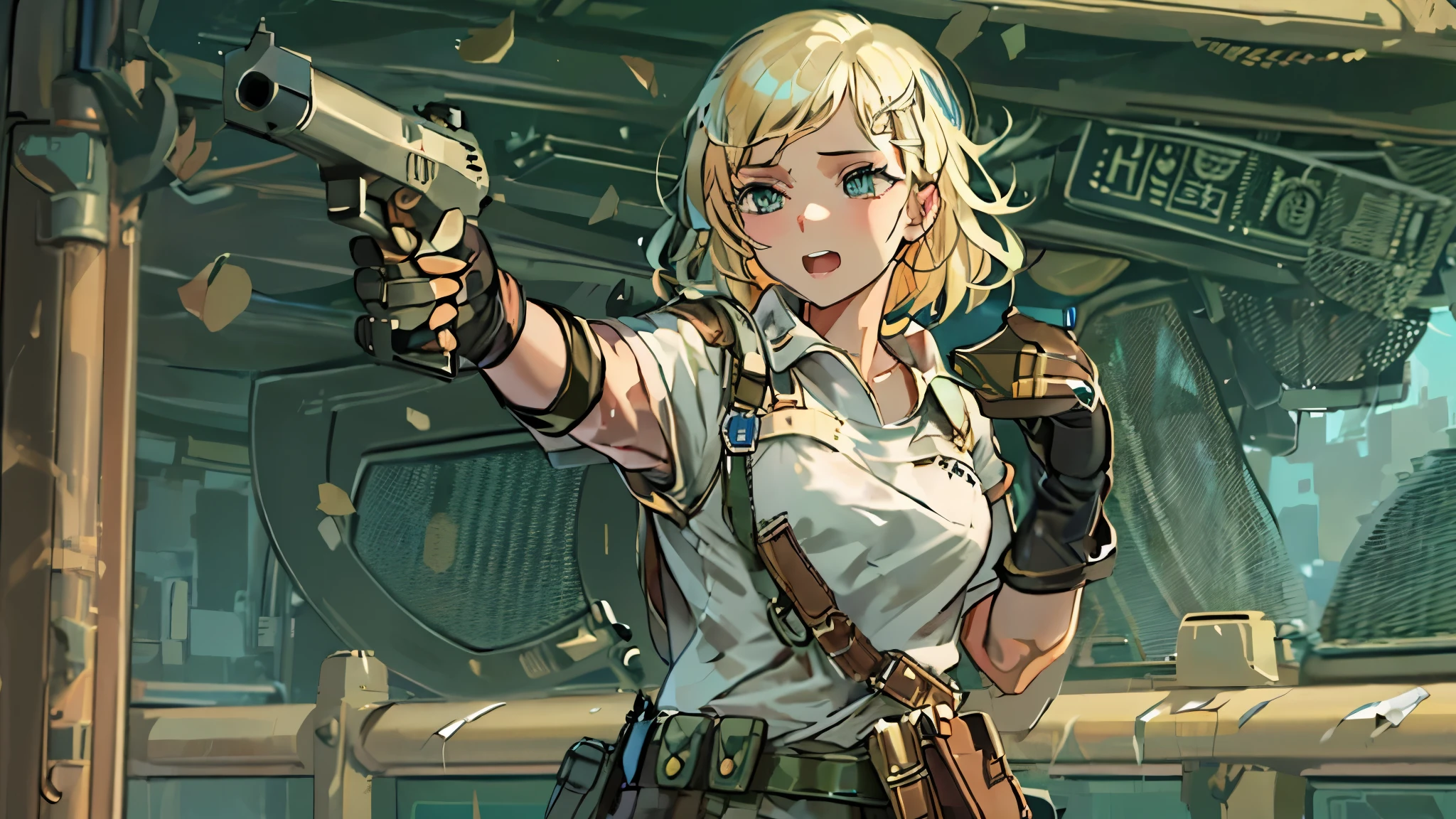 a young girl、with a firearm、Fighting on the battlefield。combat army。The girl's hairstyle is short and blonde.、She wears a little flashy makeup。Although they are having a gunfight, they have a cheerful expression on their faces.