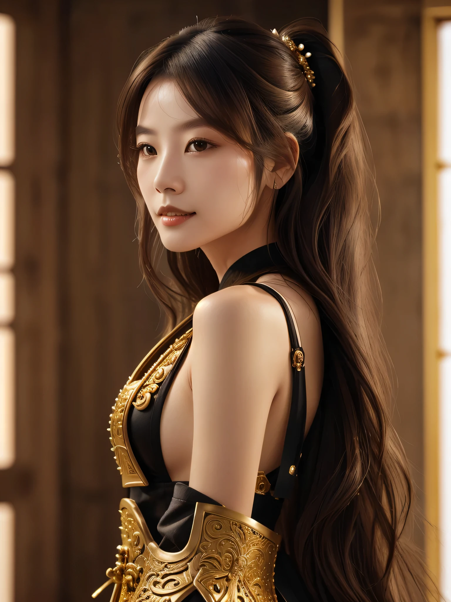brown haired European origin woman in gold and black outfit standing, female samurai, perfect face, perfect eyes, beautiful model, small lips, pretty smile, facial pores, brown hair, detailed face, European origins, very beautiful samurai, warrior, beautiful female warrior, a beautiful woman warrior, beautiful armor, intrigant gold and black engraved heavy armor, full body white wuxia, by Han Gan, cgsociety 4k”, by Yang J, realistic, neatly tied-up hair, sideview, from side