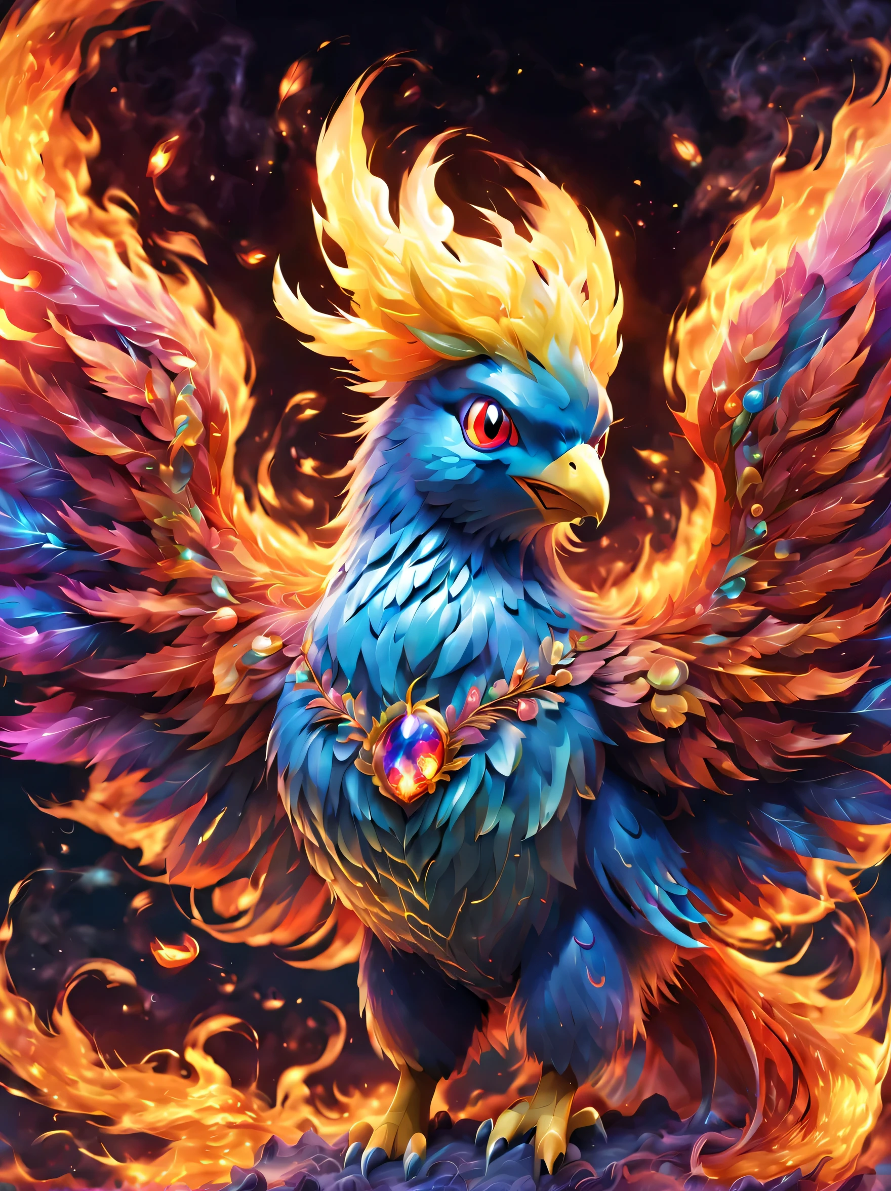 (masterpiece, highest quality:1.2), pal world nox, alone,fire,fire災の影響,fire pokemon,fireの鳥,jewelry,fantasy,nice,dynamic composition,be familiar with,Cast colorful spells,rich colors,