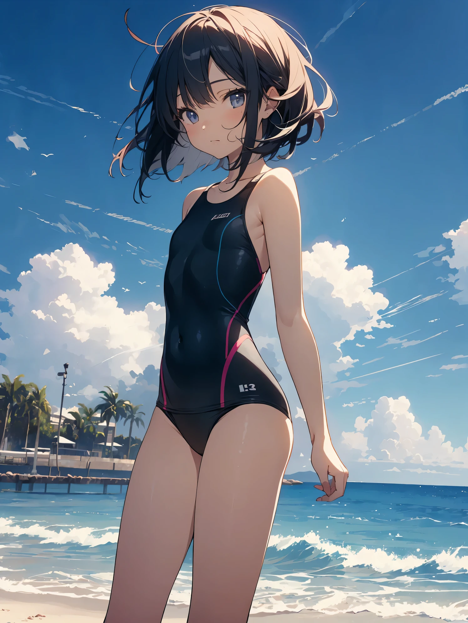 Super high quality by the art god, super detailed, High resolution, Kyoto animation style, anime moe art style, best anime 8K konachan wallpaper, pixiv contest winner, perfect anatomy, break,(Please draw a picture of a girl in a swimsuit walking on the beach alone. ),break, 1 girl, (alone,little woman, ta, , 13 y),All limbs, full finger,, androgynous charm, (very short hair), flat chest, Because I'm slender, small ass, between legs, small eyes, beautiful and fine eyes, Well-proportioned iris and pupils, expressive eyes, High resolutionの詳細な髪, Wet, shiny skin, cowboy shot, swimsuit, (detailed lighting), (detailed background),On the private beach, break,super dense skin, Best lighting by famous artists, 8K, figure,UHD, rough skin