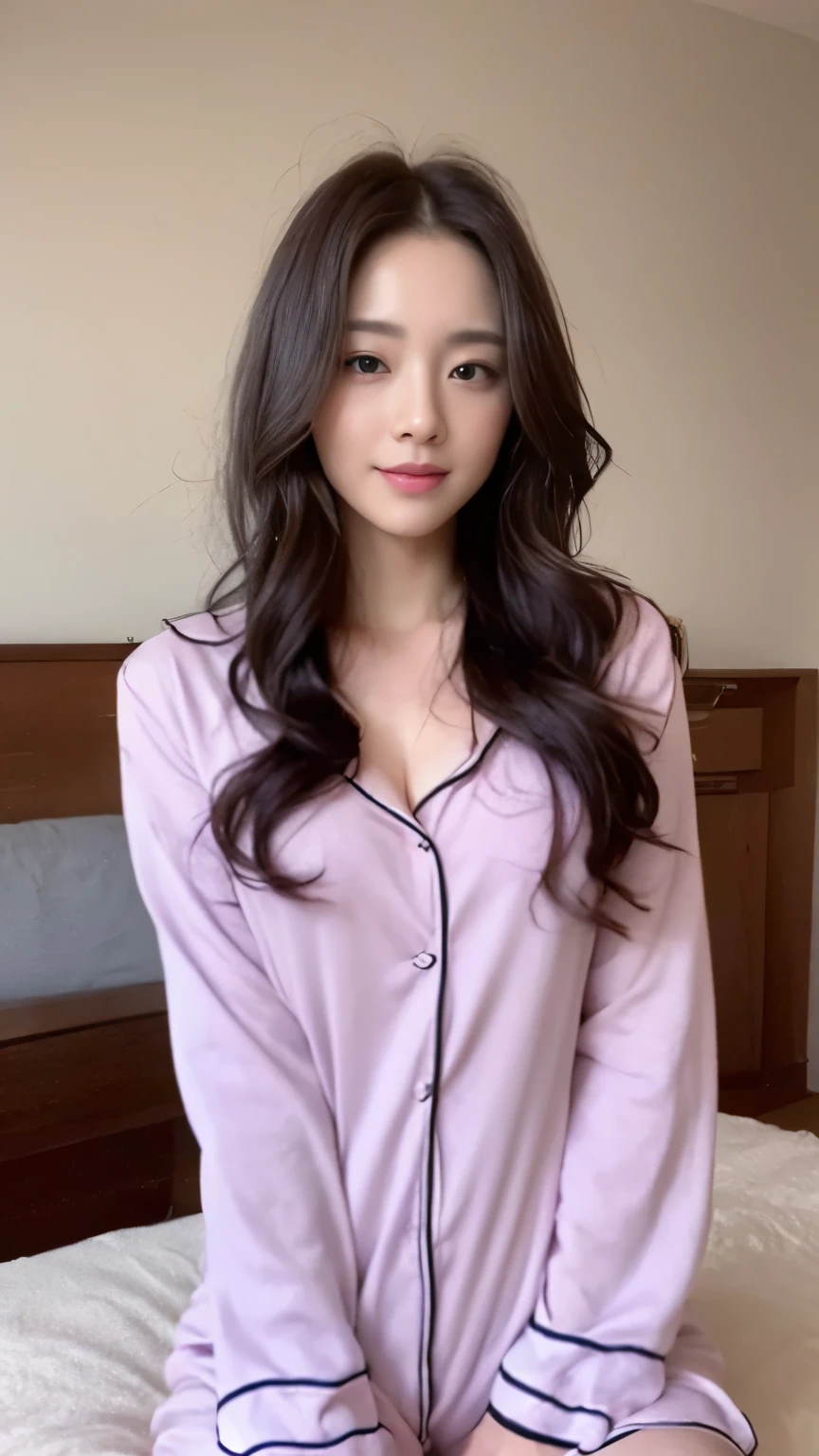 ((top-quality、8k、​masterpiece:1.3))、Beautiful woman with perfect body:1.4、slim abdomen:1.2、Longhair, normal breast, Highly detailed facial and skin texture, A detailed eye, delicate eyes, (smile), (full body shot), ((bedroom)), (sitting on bed), (((wearing pink pajamas))), looking in front,