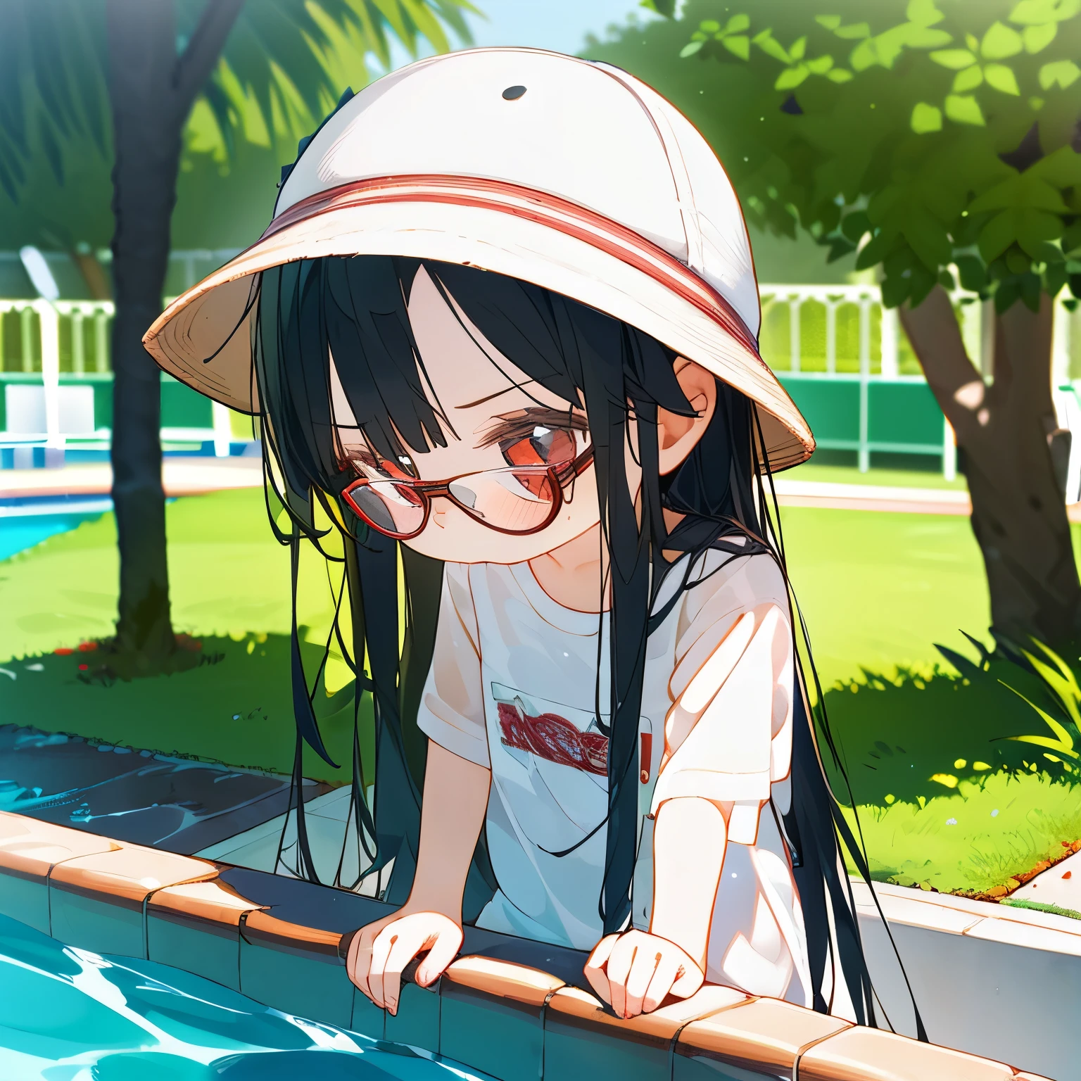 (best quality,masterpiece:1.3),((cute 1 girl:1.2)),(,8 years old:1.4), expressive eyes, perfect face, eye (red), Simple White Headphones, Bucket Hat, long hair Black, Round Glasses Black, Tote Bag, oversize shirt, no pant, low view, wet shirt, forehead, open forehead, pool