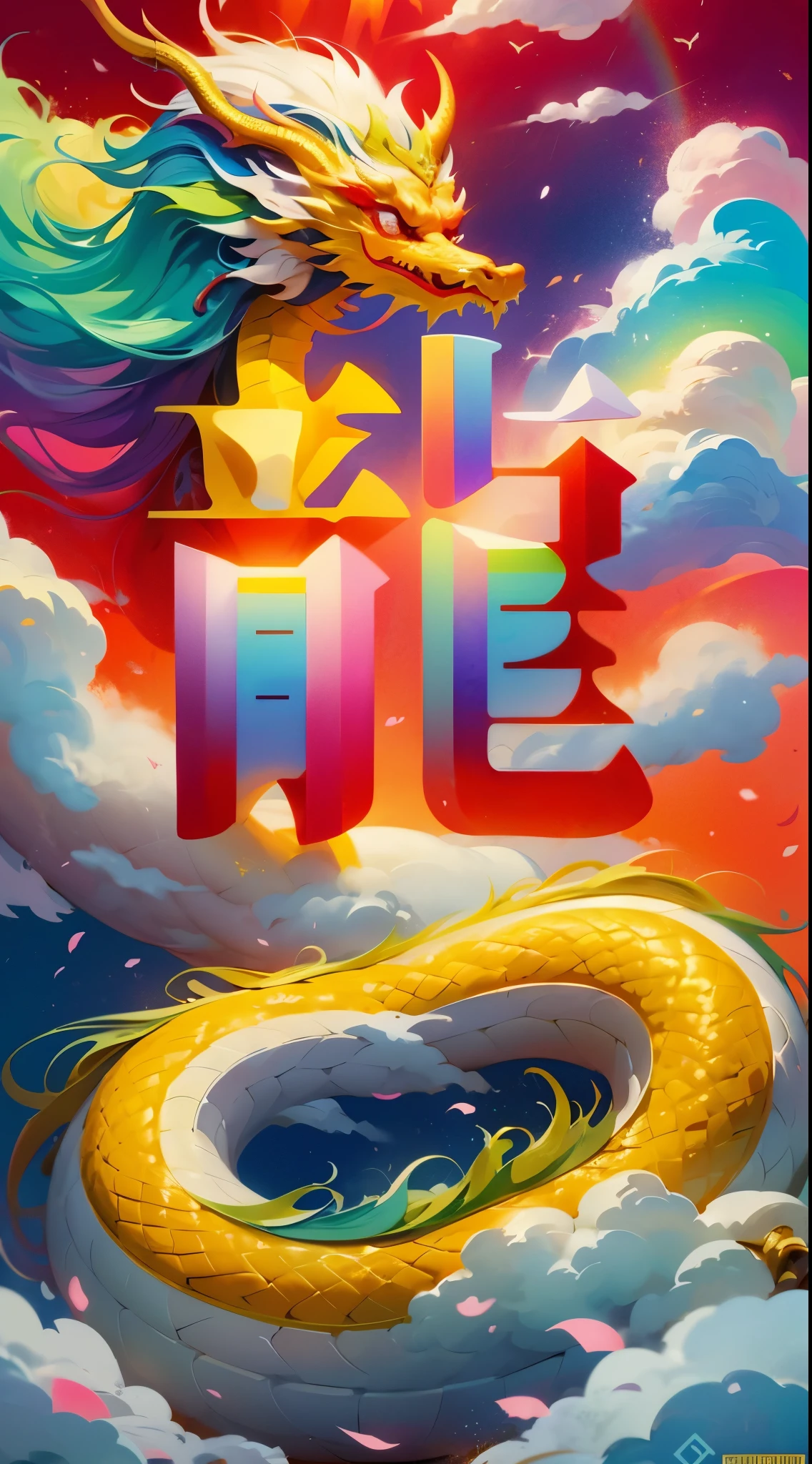 logo,masterpiece,(on a red background:1),Golden Chinese dragon surrounded by white clouds,pink sakura tree,petal,wind,God,long wavy body,fangs,fantasy, myth, high quality, Very detailed, masterpiece, epic,particle effects,dynamic effect,sun in background,rainbow colored dreams