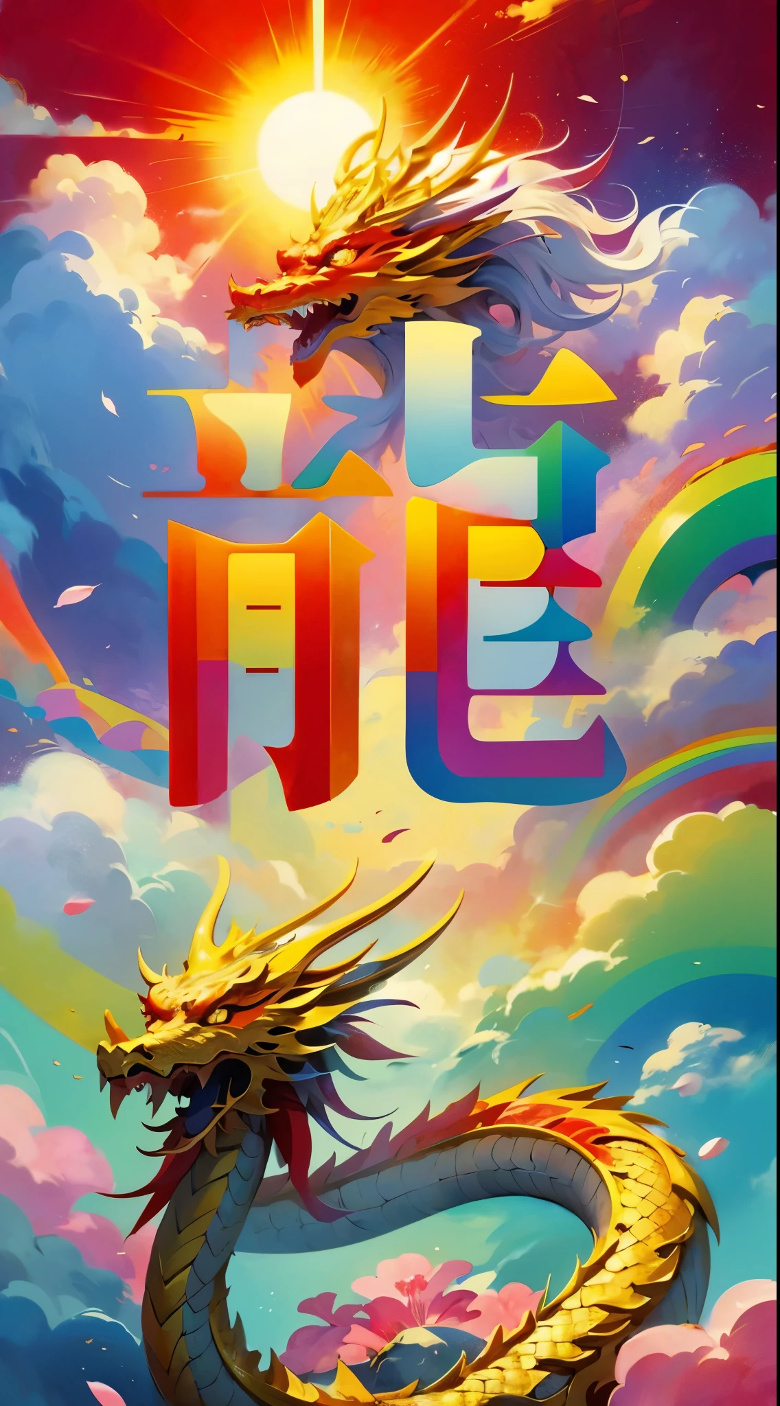 logo,masterpiece,(on a red background:1),Golden Chinese dragon surrounded by white clouds,pink sakura tree,petal,wind,God,long wavy body,fangs,fantasy, myth, high quality, Very detailed, masterpiece, epic,particle effects,dynamic effect,sun in background,rainbow colored dreams