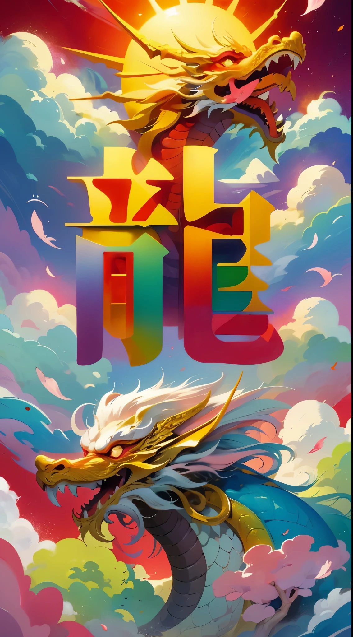 logo,masterpiece,(on a red background:1),Golden Chinese dragon surrounded by white clouds,pink sakura tree,petal,wind,God,long wavy body,fangs,fantasy, myth, high quality, Very detailed, masterpiece, epic,particle effects,dynamic effect,sun in background，rainbow colored dreams