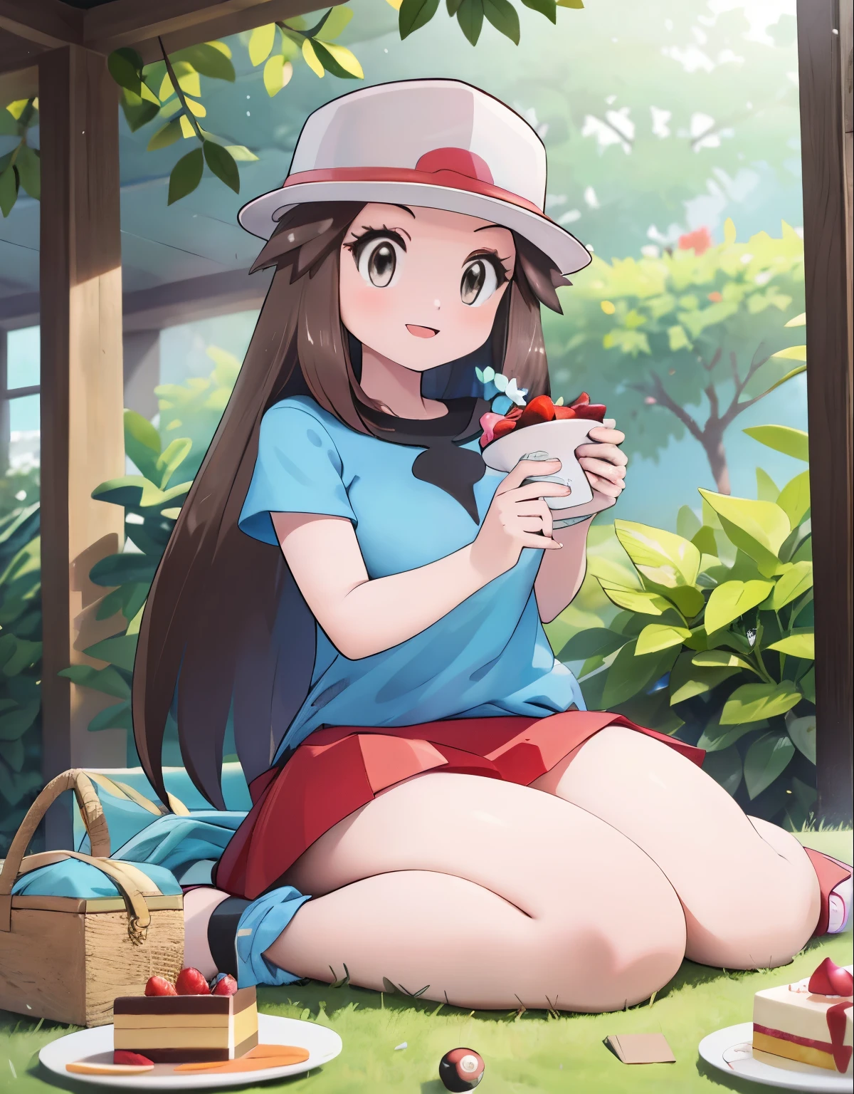 leaf Pokemon, full body, curvy body, beautiful eyes, detailed eyes, long eyelashes, visible thighs, sitting, red skirt, blue shirt, knees together, smile, on a picnic, cake, food, drinks, chocolates, a bouquet of flowers, pokeballs, pokemon, vibrant colors, soft lighting, high angle shot, (best quality, 4k, highres, masterpiece:1.2), ultra-detailed, realistic:1.37, professional, vivid colors, concept artists style, soft light, vibrant colors, dusty pink color tone