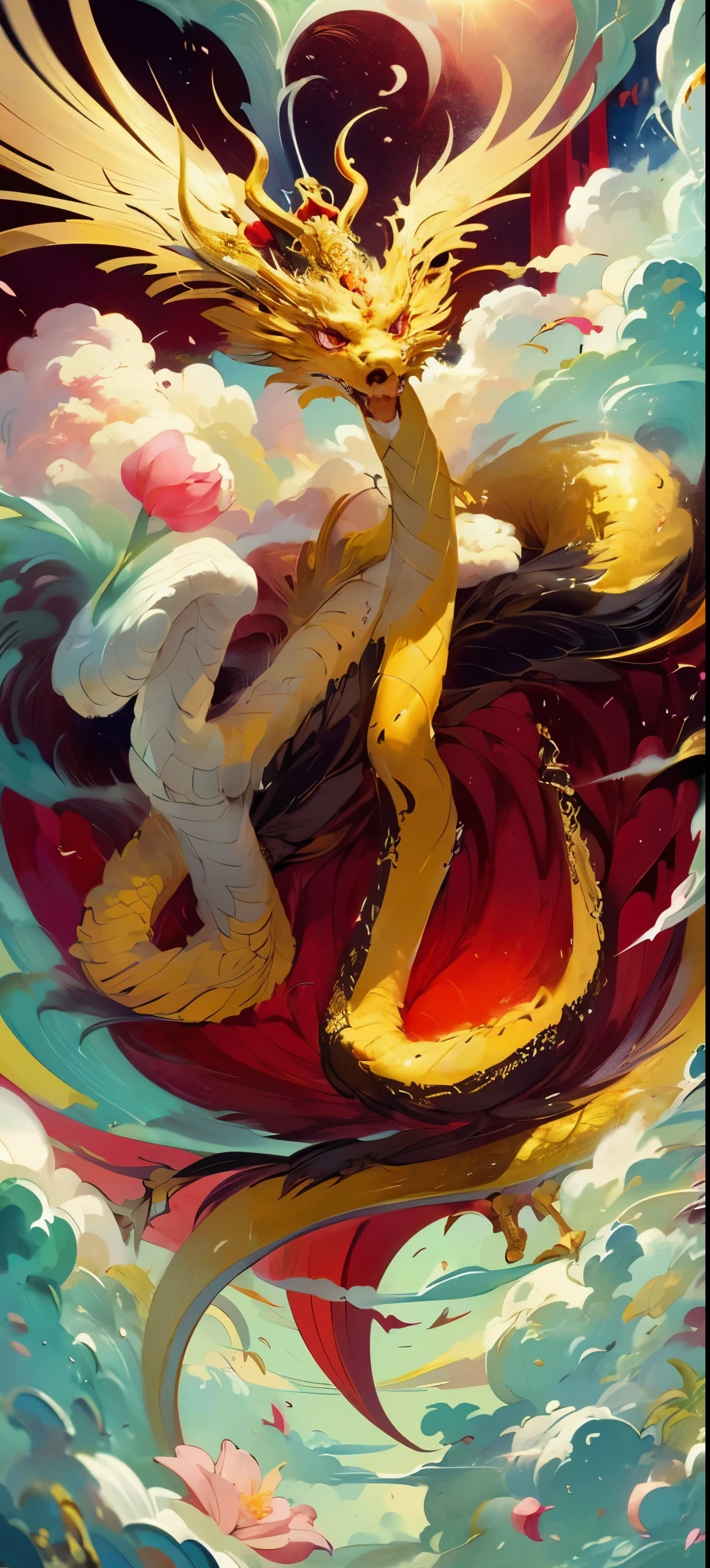 logo,masterpiece,(on a red background:1),Golden Chinese dragon surrounded by white clouds,pink sakura tree,petal,wind,God,long wavy body,fangs,fantasy, myth, high quality, Very detailed, masterpiece, epic,particle effects,dynamic effect,sun in background