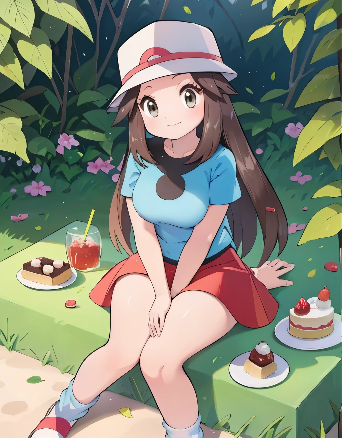 1girl, leaf Pokemon, full body, curvy body, beautiful eyes, detailed eyes, long eyelashes, visible thighs, sitting, red skirt, blue shirt, knees together, smile, upskirt, white panties, on a picnic, cake, food, drinks, chocolates, a bouquet of flowers, pokeballs, pokemon, vibrant colors, soft lighting, looking at viewer, high angle shot, (best quality, 4k, highres, masterpiece:1.2), ultra-detailed, realistic:1.37, professional, vivid colors, concept artists style, soft light, vibrant colors, dusty pink color tone