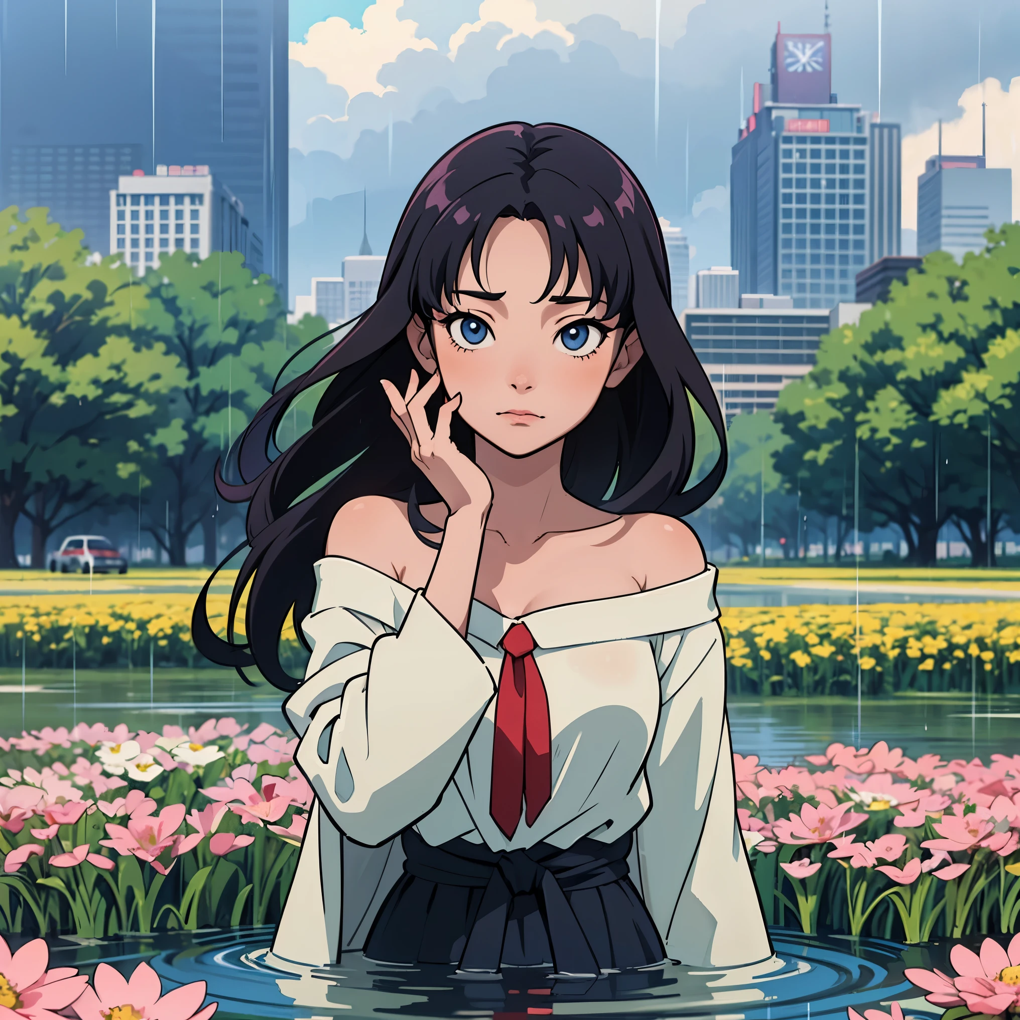 mature anime style, rain on face, cloudy sky, beautiful asian girl, off shoulder, heavenly aura around, field of flowers, destiny watching, world is a flood, slowly I become one with the mud, cross in background, city scape, transparent clothes,