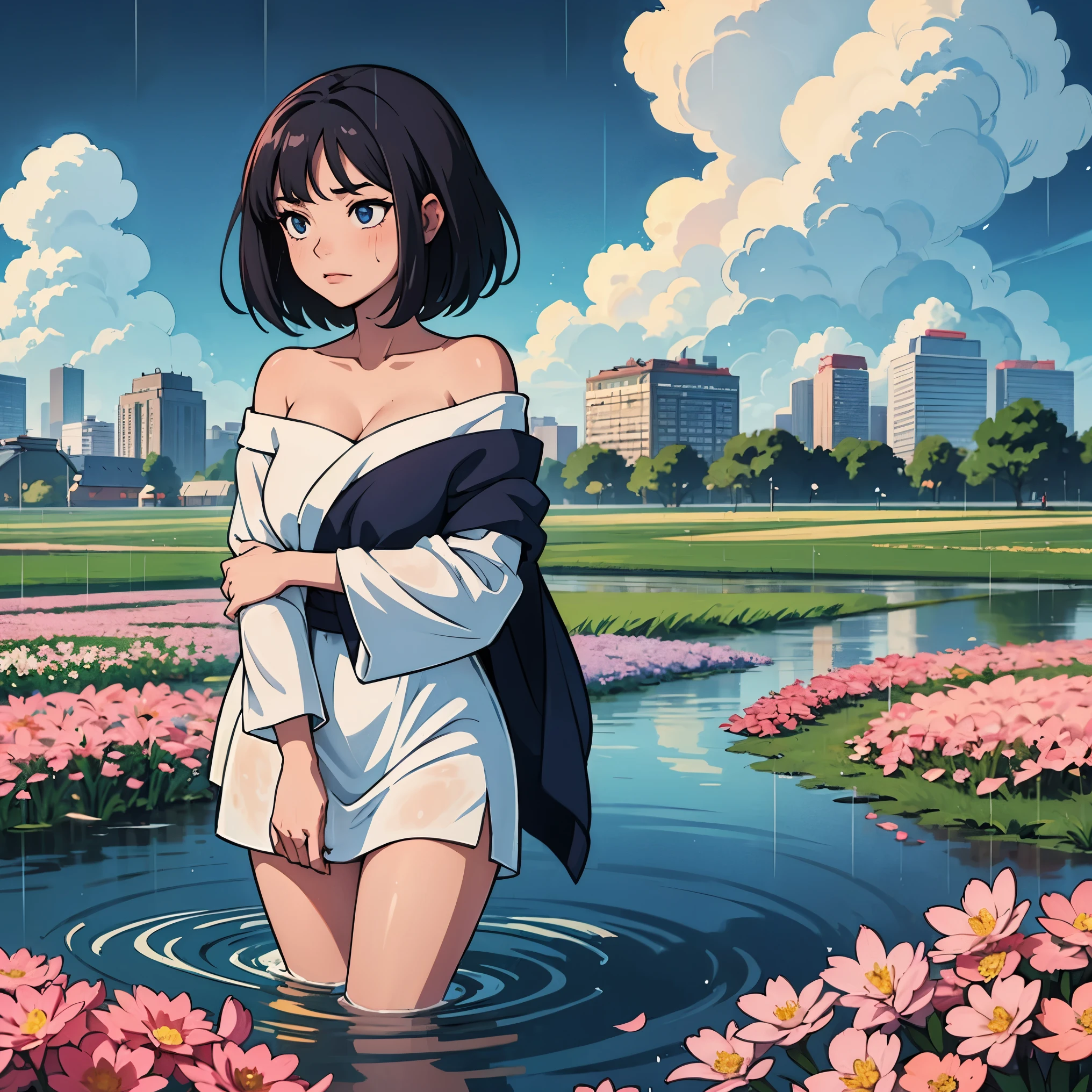 mature anime style, rain on face, cloudy sky, beautiful asian girl, off shoulder,  heavenly aura around, field of flowers, destiny watching, world is a flood, slowly I become one with the mud, cross in background, city scape,  transparent clothes,