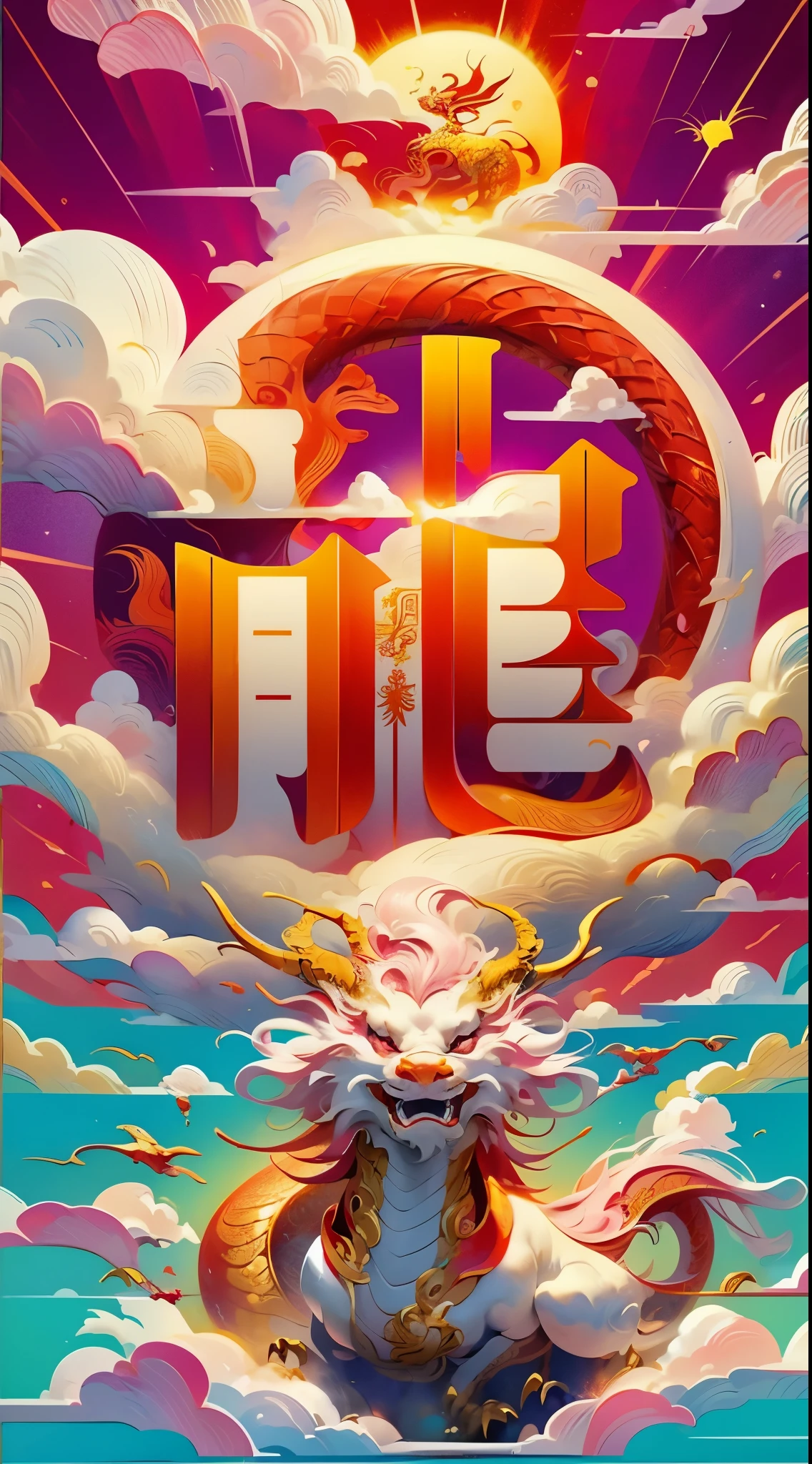 logo,masterpiece,(on a red background:1),Golden Chinese dragon surrounded by white clouds,pink sakura tree,petal,wind,God,long wavy body,fangs,fantasy, myth, high quality, Very detailed, masterpiece, epic,particle effects,dynamic effect,sun in background，rainbow colored dreams