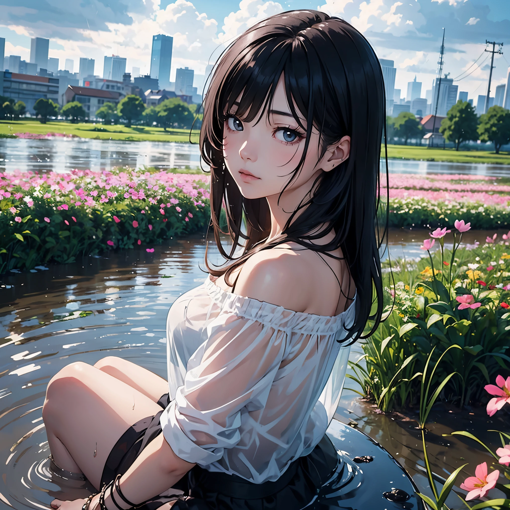 mature anime style, rain on face, cloudy sky, beautiful asian girl, off shoulder,  heavenly aura around, field of flowers, destiny watching, world is a flood, slowly I become one with the mud, cross in background, city scape,  naked, visible breasts, visible vagina