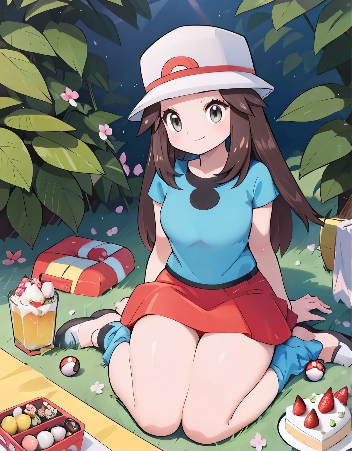 1girl, leaf Pokemon, full body, curvy body, beautiful eyes, detailed eyes, long eyelashes, visible thighs, sitting, red skirt, blue shirt, knees together, smile, upskirt, white panties, on a picnic, cake, food, drinks, chocolates, a bouquet of flowers, pokeballs, pokemon, vibrant colors, soft lighting, looking at viewer, high angle shot, (best quality, 4k, highres, masterpiece:1.2), ultra-detailed, realistic:1.37, professional, vivid colors, concept artists style, soft light, vibrant colors, dusty pink color tone, fujicolor, light and shade contrast, cinematric light, Fujicolor