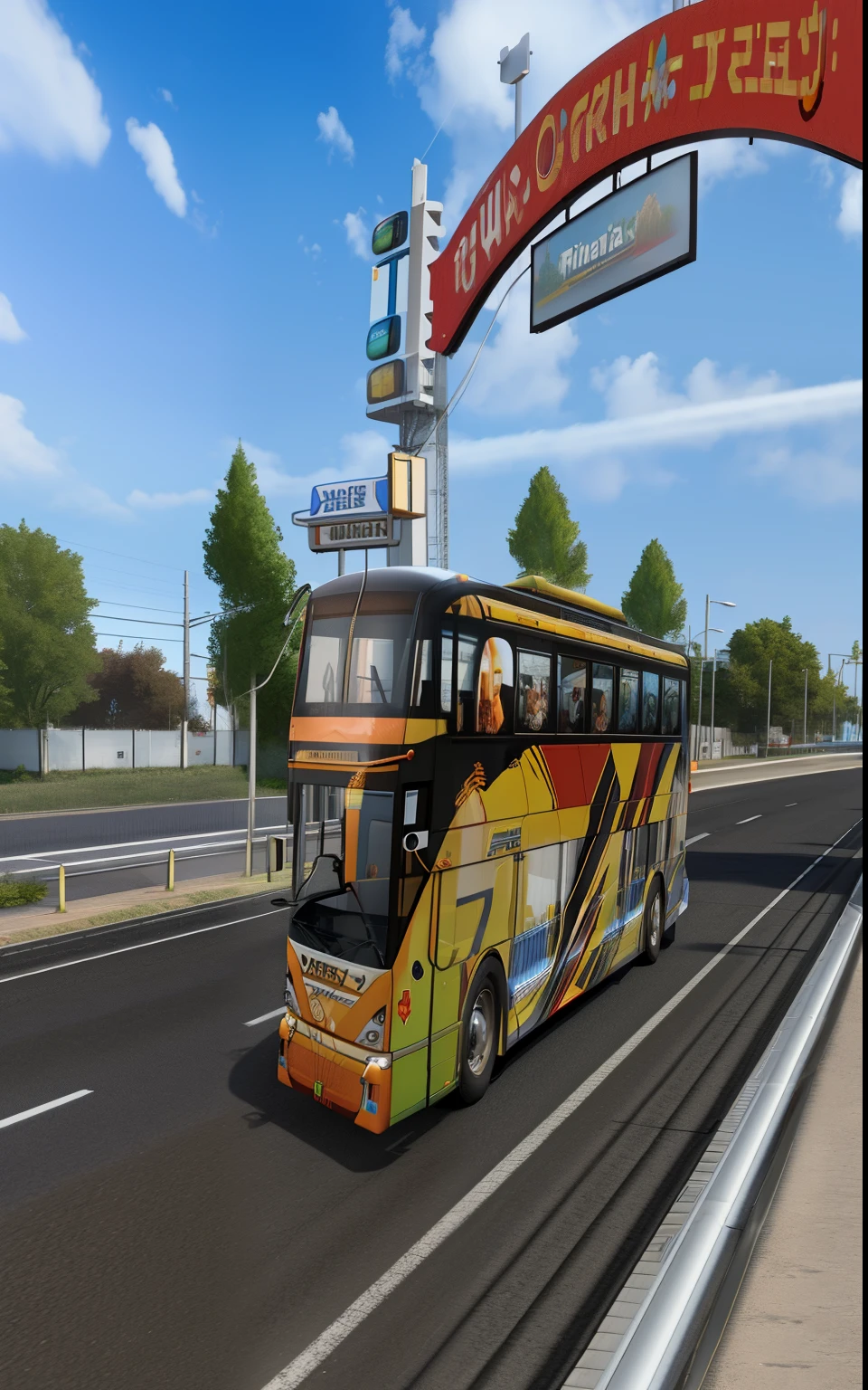 arafed bus driving down a road with a sign above it, bus, 1 0 2 4 x 7 6 8, public bus, game cg, real engine 5, trailer, black and yellow scheme, of virtua figther, portrait c 1 2. 0, portrait c 12.0, ingame, ( ( ( buses, wenjr, touring