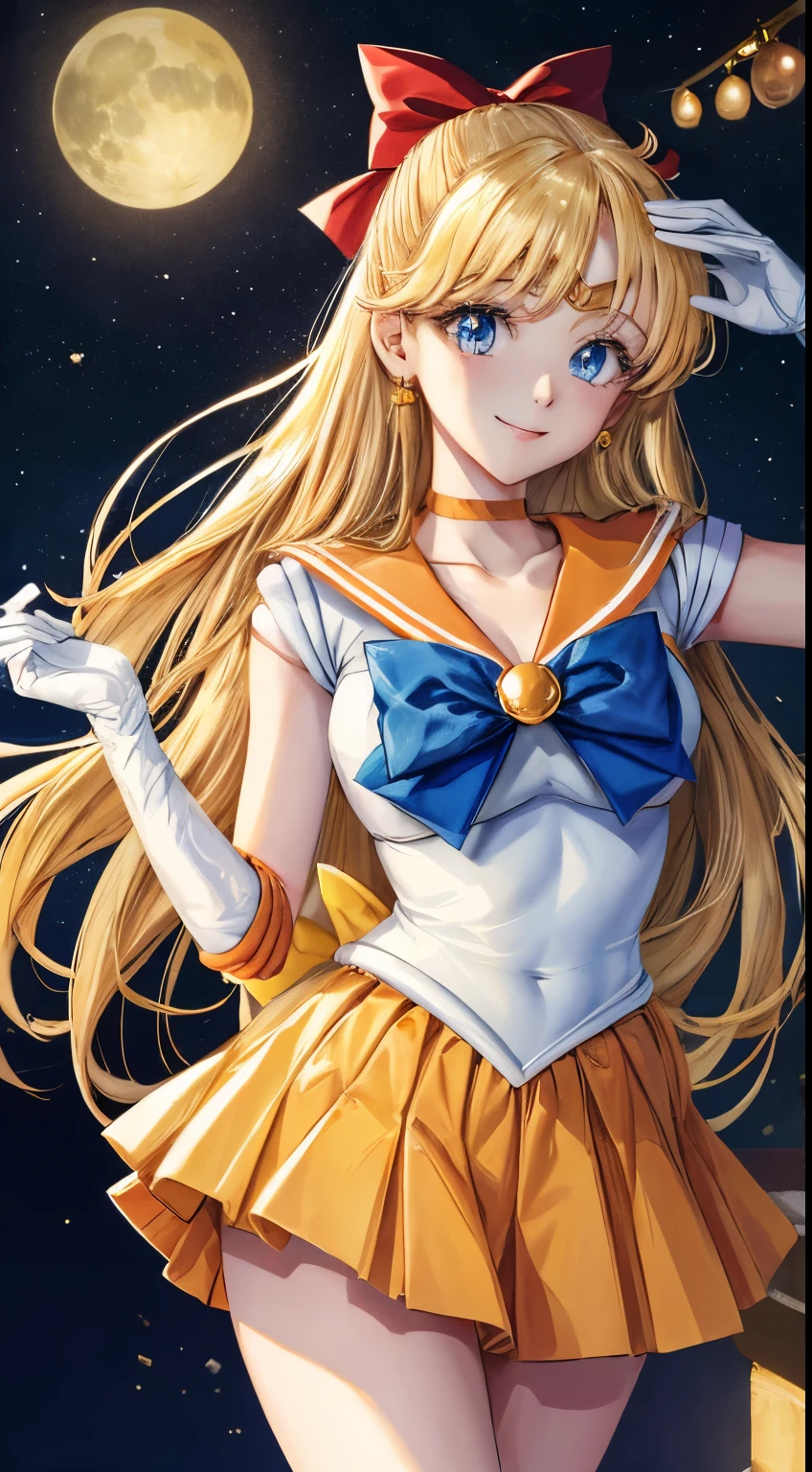 masterpiece, highest quality, High resolution, venus1, 1 girl, alone, Sailor Senshi Uniform, sailor venus, aino minako, blonde hair, Magical girl, blue eyes, Orange skirt, elbow bag, tiara, pleated skirt, hair ribbon, orange sailor collar, mini skirt, choker, red bow, orange choker, white gloves, very long hair, jewelry, earrings, cowboy shot, smile,