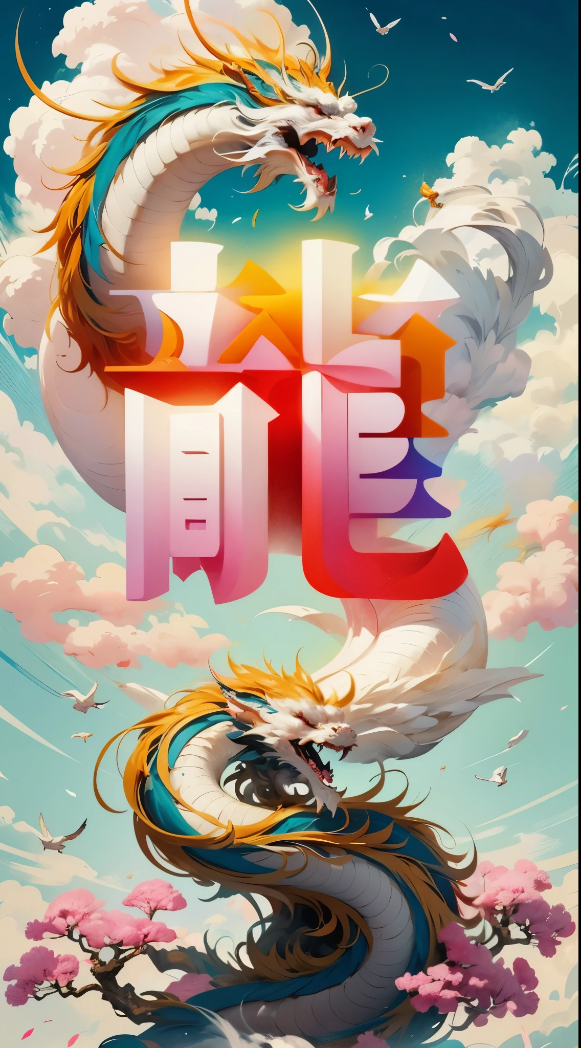 logo,masterpiece,(on white background:1),White Chinese dragon surrounded by white clouds,pink sakura tree,petal,wind,God,long wavy body,fangs,fantasy, myth, high quality, Very detailed, masterpiece, epic,particle effects,dynamic effect,sun in background