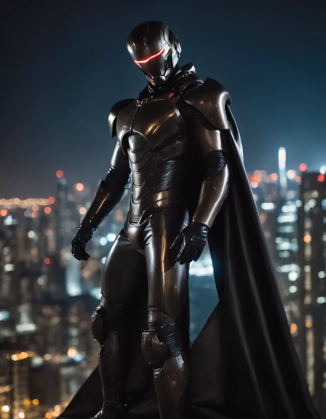 Man in a mecha suit covered in glossy latex with long latex cape, crouched ontop of a skyscraper looking over the dark city at night, wide angle, full body, superhero crouch pose