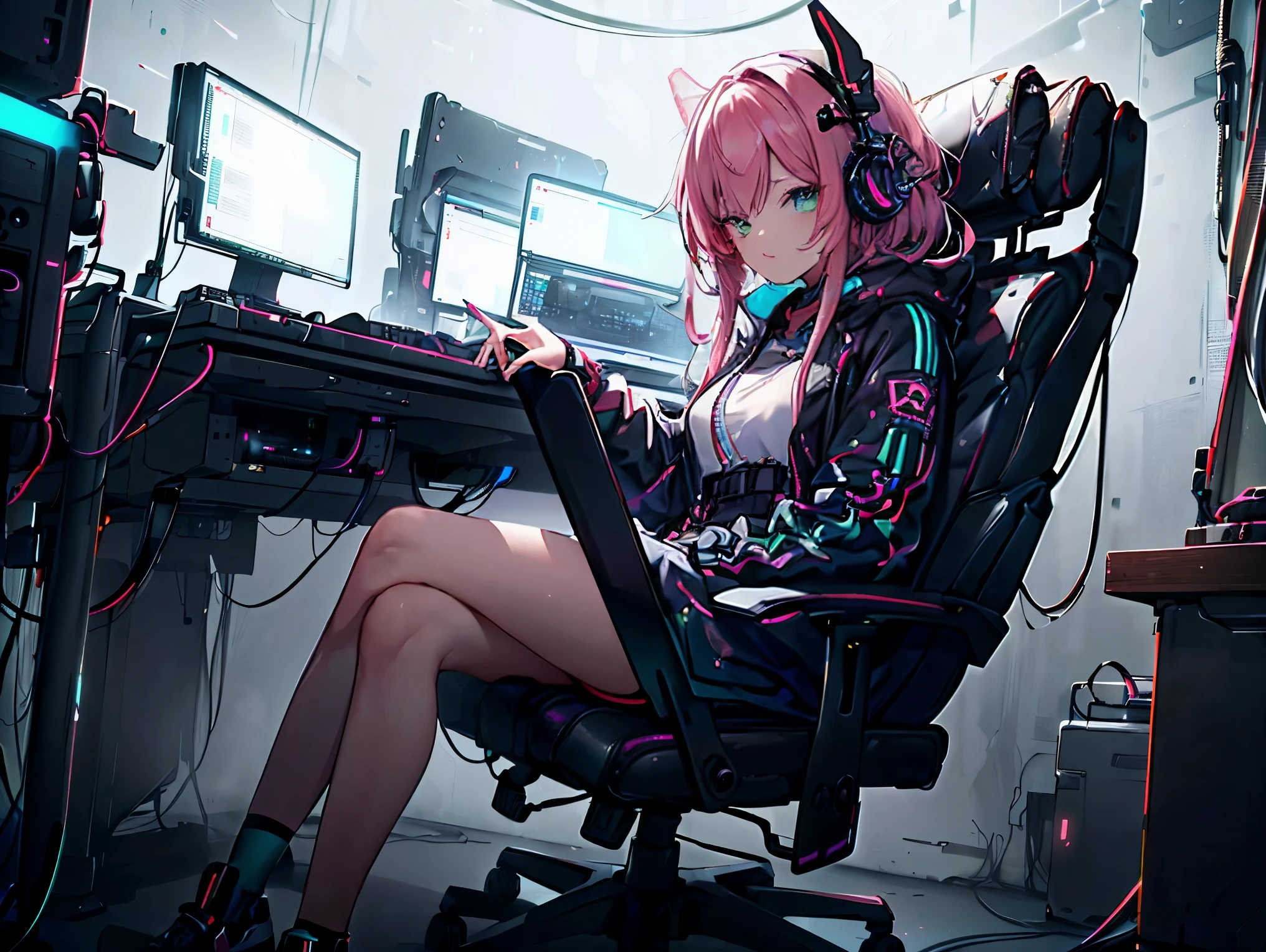 Stoner woman, sitting in a gamer chair, smoking weed, smoke surrounded setup, computer screens, gaming chair, gaming set up, street wear for clothings, human body, sexy, hot, weed, black and red hair, headphones for discord and gaming, discord, colorful, not discolored