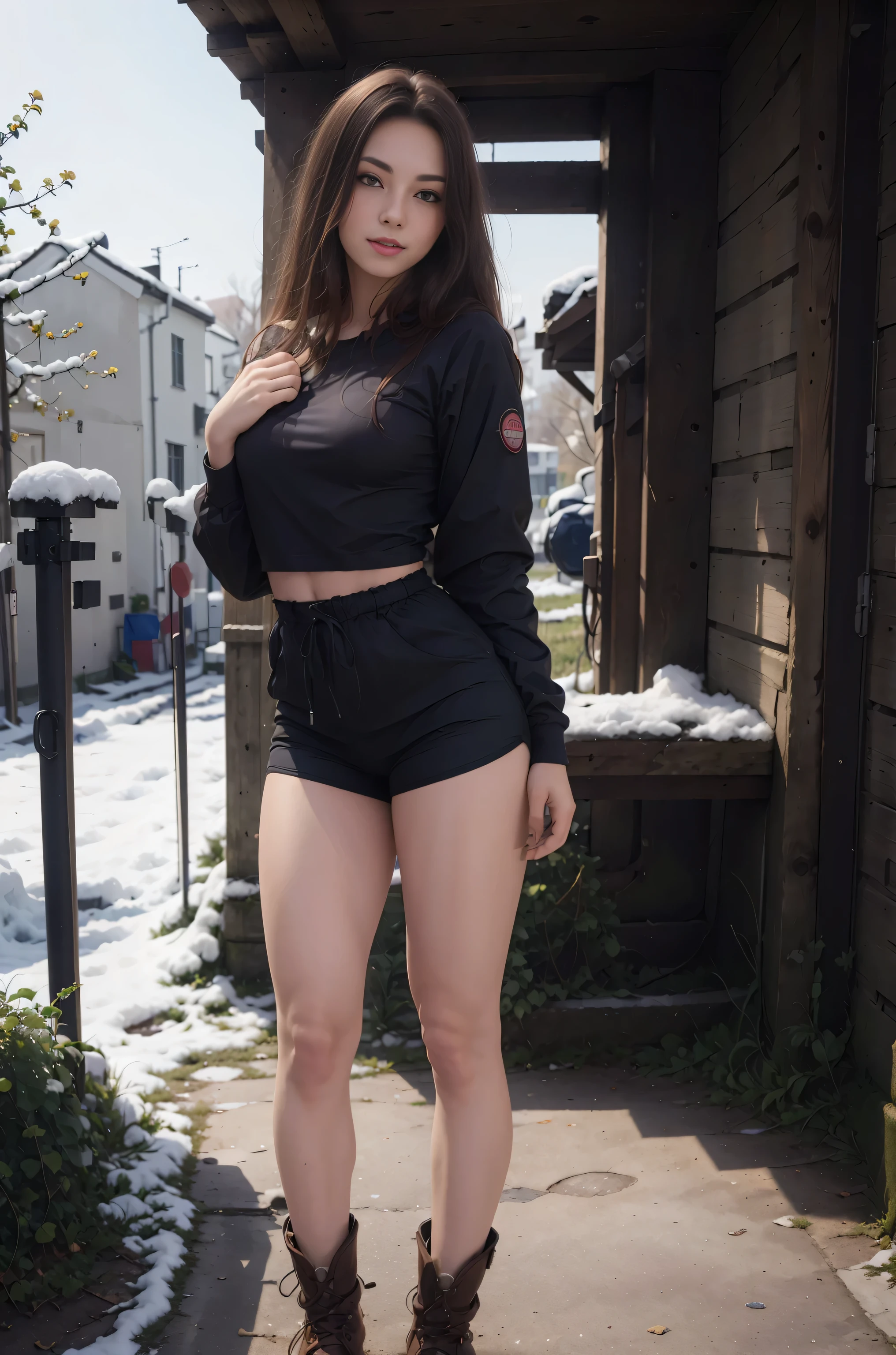 (8k, RAW photo, best quality, mastery:1.3), (realistic, photo-realistic:1.37), (looking viewer:1.331), (brunette hair), posing raunchy Seductively, Side view, standing and leaning against a wall, winter vintage street, fantasy snowy village, soft light, 1girl, full body, beautiful thighs, extremely beautiful face , Perfect body proportions, (small face: 1.1), bust, casual hairstyle, smile, big eyes, (winter jacket with inner shirt mini shorts, boots), mix4, detailed eyes