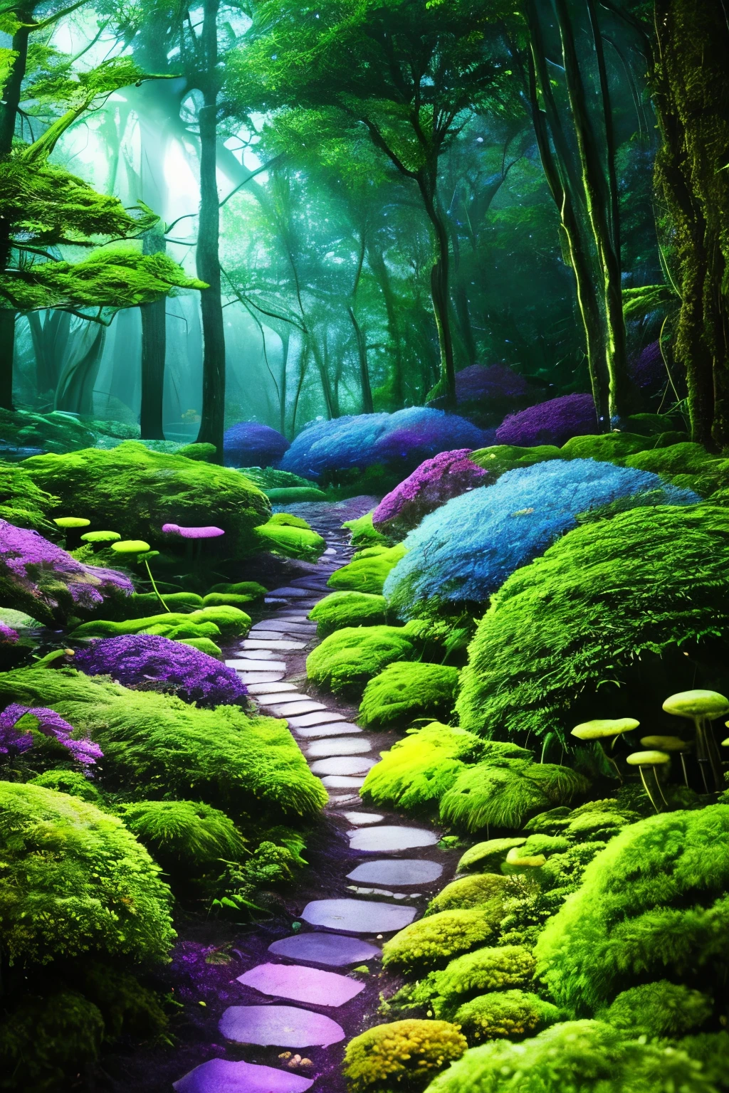 lush forest and plantlife, extremely detailed, 8k, high quality, an enchanting and dreamy scene of fantasy/alien forest, glowing mushrooms, creating a sense of mystique and enchantment, award winning photography, lots of blues and purples, path, bioluminescence, garden, water, flowers