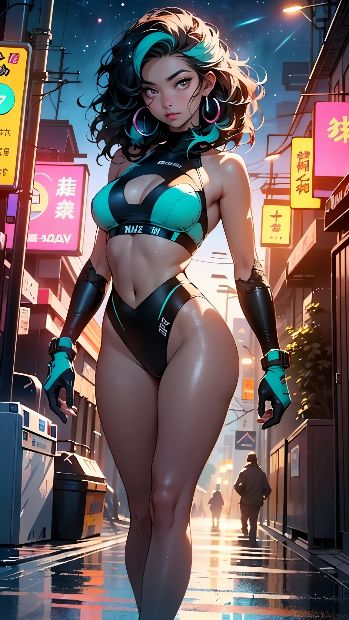 sporty girl with Asian features,(((1girl))),((girl with dark hair and turquoise highlights)),((asian girl,Japanese woman)),

(large breasts:1.4),saggy breasts,(((Black hair with turquoise streaks:1.35,straight hair,long hair:1.4,colored inner hair,ear breathing))),((heterochromia:1.5, (pink_eye and aqua_eye))),((fat)),(((lustrous skin:1.5,bright skin: 1.5,skin tanned,shiny skin,very shiny skin,shiny body,plastic glitter skin,exaggerated shiny skin,illuminated skin, wet legs))),(spider lower abdomen,narrow waist,wide hip,athletic body,inflated legs, thick thighs,detailed body,(detailed face)),

cute,slutty,seductive,erotic,((nsfw)),

zettai ryouiki,((two-piece swimsuit magenta,wearing a bikini outfit:1.3,sport bikini)),(rgb headphones:1.5,cyber gloves:1.5,huge mech-gloves),((wet clothes,intricate outfit,intricate clothes,intricate swimsuit, intricate bikini)),

(dynamic pose:1.0),embarrassed,(centered,scale to fit dimensions,Rule of thirds),

cyberpunk city by the ocean at night, with bright neon signs and dark stormy clouds and puddles, scenery:1.25,nighttime, starry night, cosmos,Very dark night that makes the neon lights stand out, very bright neon lights,nighttime, starry night, cosmos,

artistic photography,(photography taken by sldr),highres, sharp focus,(ultra detailed, extremely detailed), (photorealistic artwork:1.37),(extremely detailed CG unity 8k wallpaper),((synthwave background theme)),(((vibrant colors))),intricate,(intricate background),(masterpiece),(best quality),perfect rendered face,perfect face details,realistic face,photo realistic,analog style,((intricate detail)),(((realism))),
