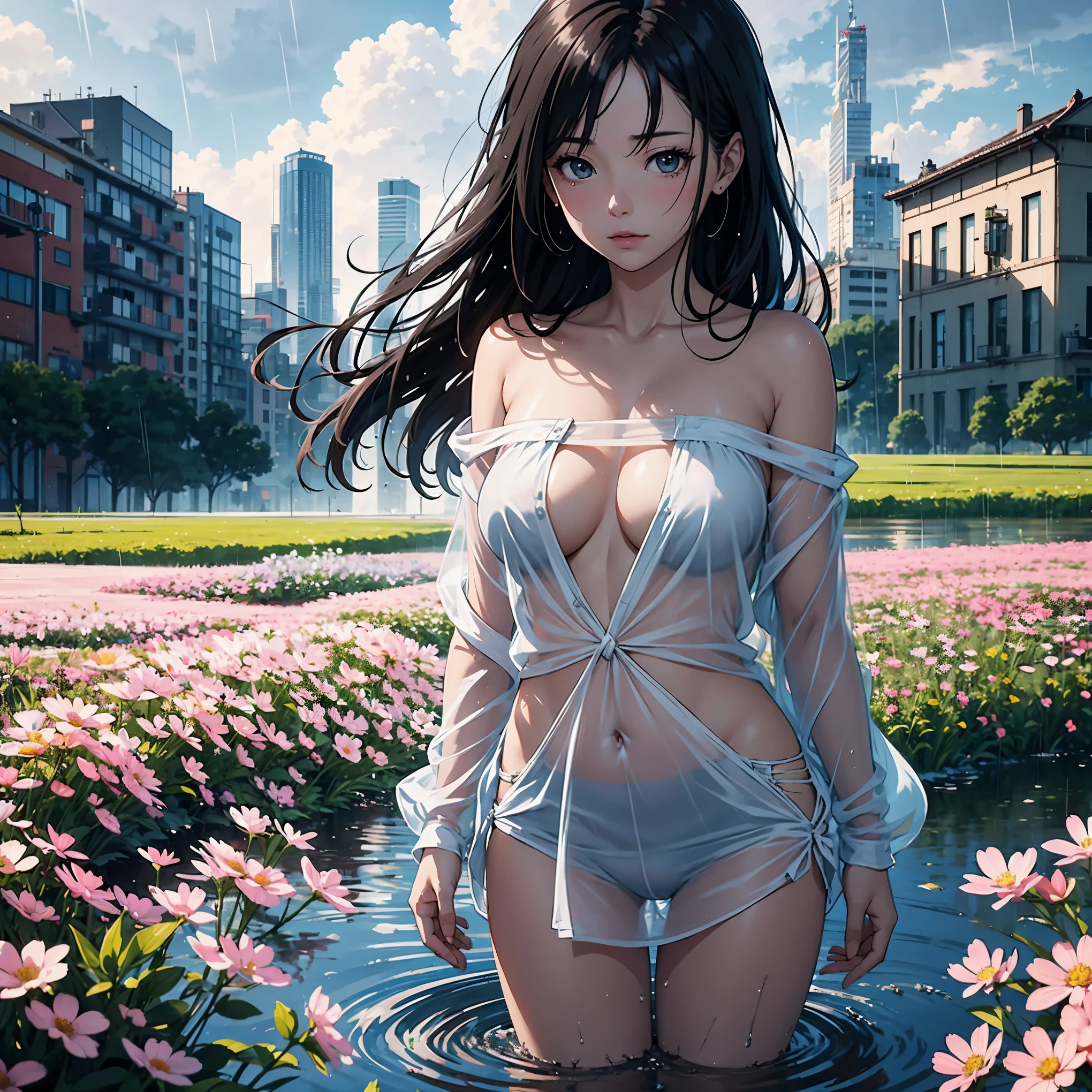 mature anime style, rain on face, cloudy sky, beautiful asian girl, off shoulder,  heavenly aura around, field of flowers, destiny watching, world is a flood, slowly I become one with the mud, cross in background, city scape, transparent clothing, sheer clothes, no underwear, no panties, no bra, naked underneath clothes, 