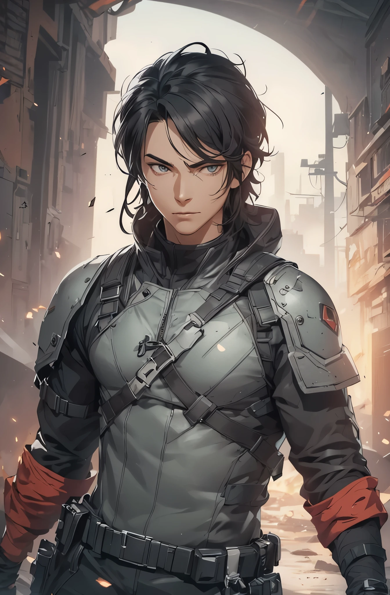 1 person, Handsome, wild brunette, middle parted hairstyle, wearing combat fatigues, masterpiece, 4K, top quality, Very detailed, official art