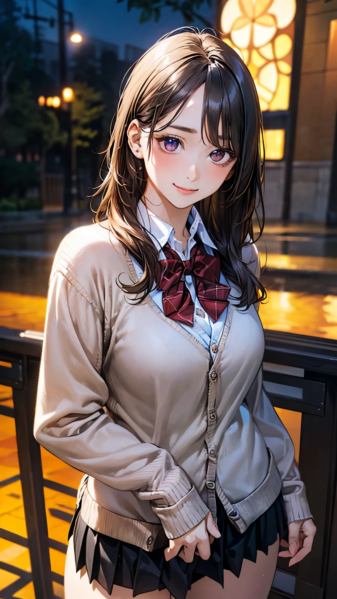 (masterpiece:1.2, top-quality), (realistic, photorealistic:1.4), beautiful illustration, (natural side lighting, movie lighting), nsfw, 
looking at viewer, cowboy shot, front view:0.6, 1 girl, japanese, high school girl, perfect face, cute and symmetrical face, shiny skin, 
(long hair:1.5, straight hair:1.4, sideburns:1.4, blond hair), swept bangs, dark red eyes, long eye lasher, (large breasts:0.6, thick thighs), 
beautiful hair, beautiful face, beautiful detailed eyes, beautiful clavicle, beautiful body, beautiful chest, beautiful thigh, beautiful legs, beautiful fingers, 
(((overly long sleeves light brown cardigan, closed cardigan), white collared shirts, black pleated mini skirt, red bow tie)), 
(beautiful scenery), evening, riverside, standing, (lovely smile, upper eyes), 