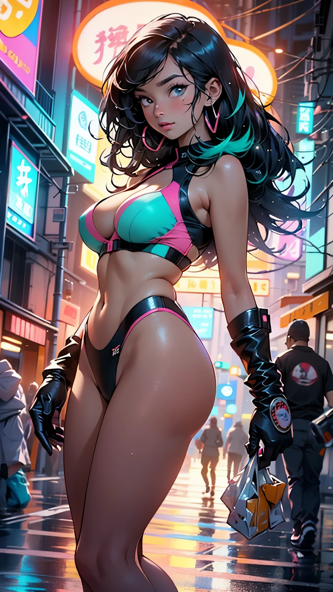 sporty girl with Asian features,(((1girl))),((girl with dark hair and turquoise highlights)),((asian girl,Japanese woman)),
(large breasts:1.4),saggy breasts,(((Black hair with turquoise streaks:1.35,straight hair,long hair:1.4,colored inner hair,ear breathing))),((heterochromia:1.5, (pink_eye and aqua_eye))),((fat)),(((lustrous skin:1.5,bright skin: 1.5,skin tanned,shiny skin,very shiny skin,shiny body,plastic glitter skin,exaggerated shiny skin,illuminated skin, wet legs))),(spider lower abdomen,narrow waist,wide hip,athletic body,inflated legs, thick thighs,detailed body,(detailed face)),
cute,slutty,seductive,erotic,((nsfw)),
zettai ryouiki,((two-piece swimsuit magenta,wearing a bikini outfit:1.3,sport bikini)),(rgb headphones:1.5,cyber gloves:1.5,huge mech-gloves),((wet clothes,intricate outfit,intricate clothes,intricate swimsuit, intricate bikini)),
(dynamic pose:1.0),embarrassed,(centered,scale to fit dimensions,Rule of thirds),
cyberpunk city by the ocean at night, with bright neon signs and dark stormy clouds and puddles, scenery:1.25,nighttime, starry night, cosmos,Very dark night that makes the neon lights stand out, very bright neon lights,nighttime, starry night, cosmos,
artistic photography,(photography taken by sldr),highres, sharp focus,(ultra detailed, extremely detailed), (photorealistic artwork:1.37),(extremely detailed CG unity 8k wallpaper),((synthwave background theme)),(((vibrant colors))),intricate,(intricate background),(masterpiece),(best quality),perfect rendered face,perfect face details,realistic face,photo realistic,analog style,((intricate detail)),(((realism))),