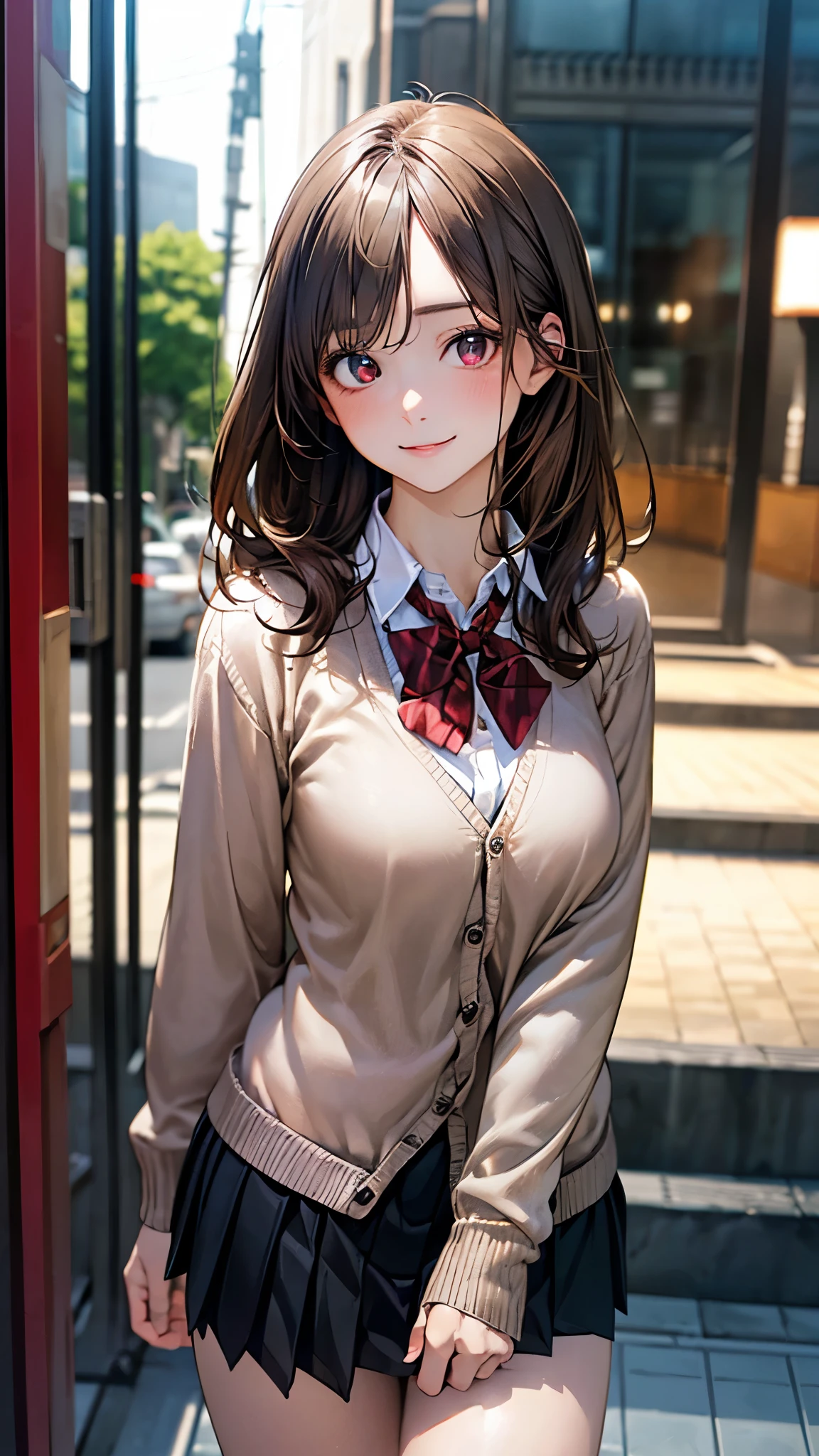 ((highest quality)), ((masterpiece)), (detailed), Perfect Face、((highest quality)), ((masterpiece)), (detailed), Perfect Face, superior, highest quality, High resolution, Hmph, Perfect Pixel, 4K, Hmph, Hmph))), 1 girl, single, alone, Beautiful woman、I could see the whole body、 ((Mid-wave hair, bangs, Brown Hair)), ((Brown eyes, Beautiful eyelashes, Realistic eyes)), ((detailed face, blush:1.2)), ((Smooth texture:0.75, Realistic texture:0.65, Realistic:1.1, Anime CG Style)), Medium Chest, Dynamic Angle, Perfect body, ((Red bow tie, , Black jacket, Open jacket, Brown cardigan, White shirt, Black Skirt, Check skirt)), City Stairs、階段の下から見superiorげる、Very embarrassing panic smile, looked back、Lean forward、(The wind flipped up her skirt, Exposing your buttocks..、Hurry up and grab my ass、Pink lace panties:1.3)