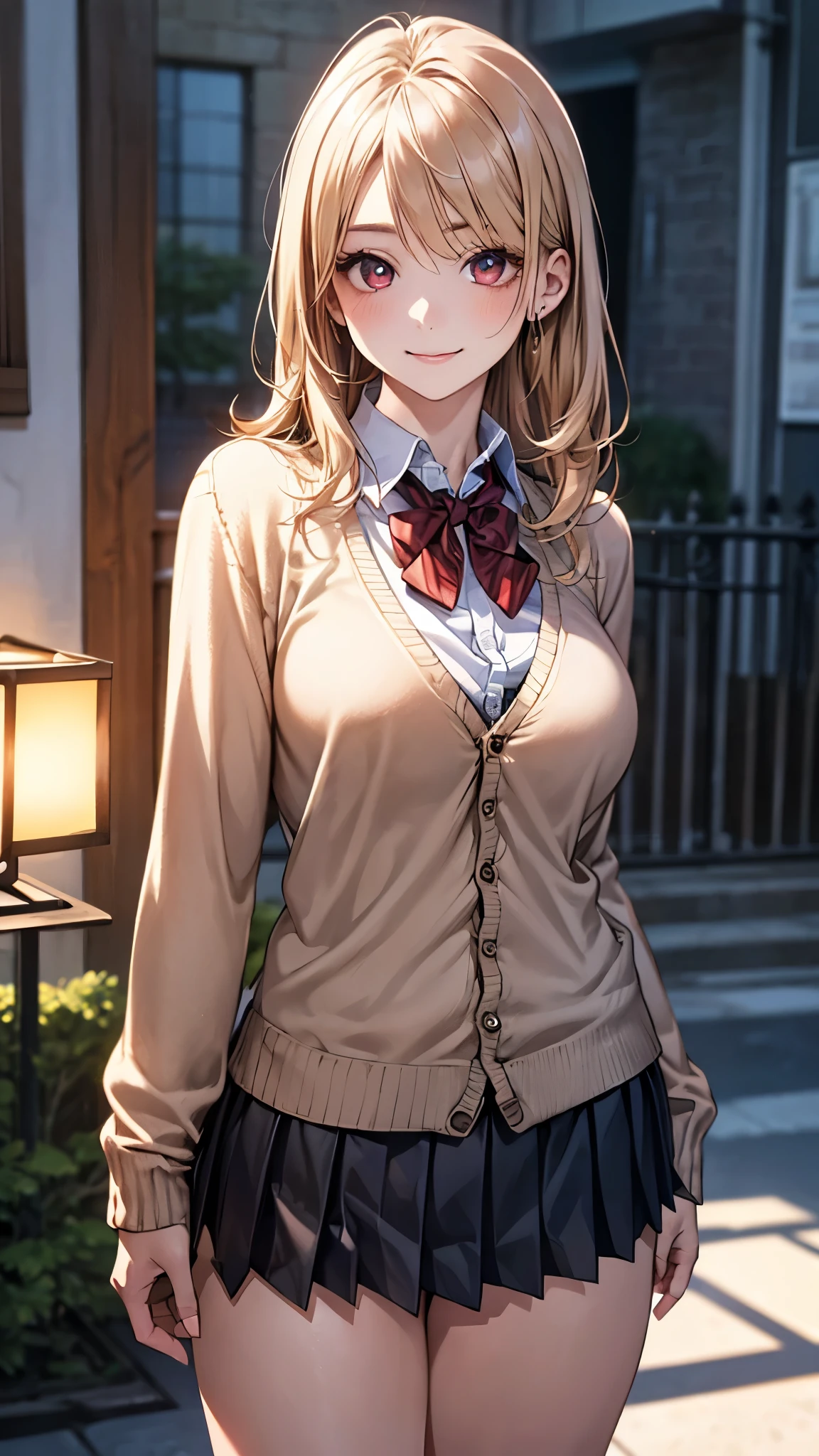 (masterpiece:1.2, top-quality), (realistic, photorealistic:1.4), beautiful illustration, (natural side lighting, movie lighting),
looking at viewer, 1 girl, japanese, high school girl, perfect face, cute and symmetrical face, shiny skin, babyface,
(long hair, straight hair, sideburns, (blond hair)), swept bangs, blue eyes, (middle breasts, seductive thighs, big ass), piercings,
beautiful hair, beautiful face, beautiful detailed eyes, beautiful clavicle, beautiful body, beautiful chest, beautiful thigh, beautiful legs, beautiful fingers,
(((brown cardigan, close clothes), white collared shirt, black plaid pleated miniskirt)),
(beautiful scenery), evening, (caffee shop), standing, (lovly smile, upper eyes),