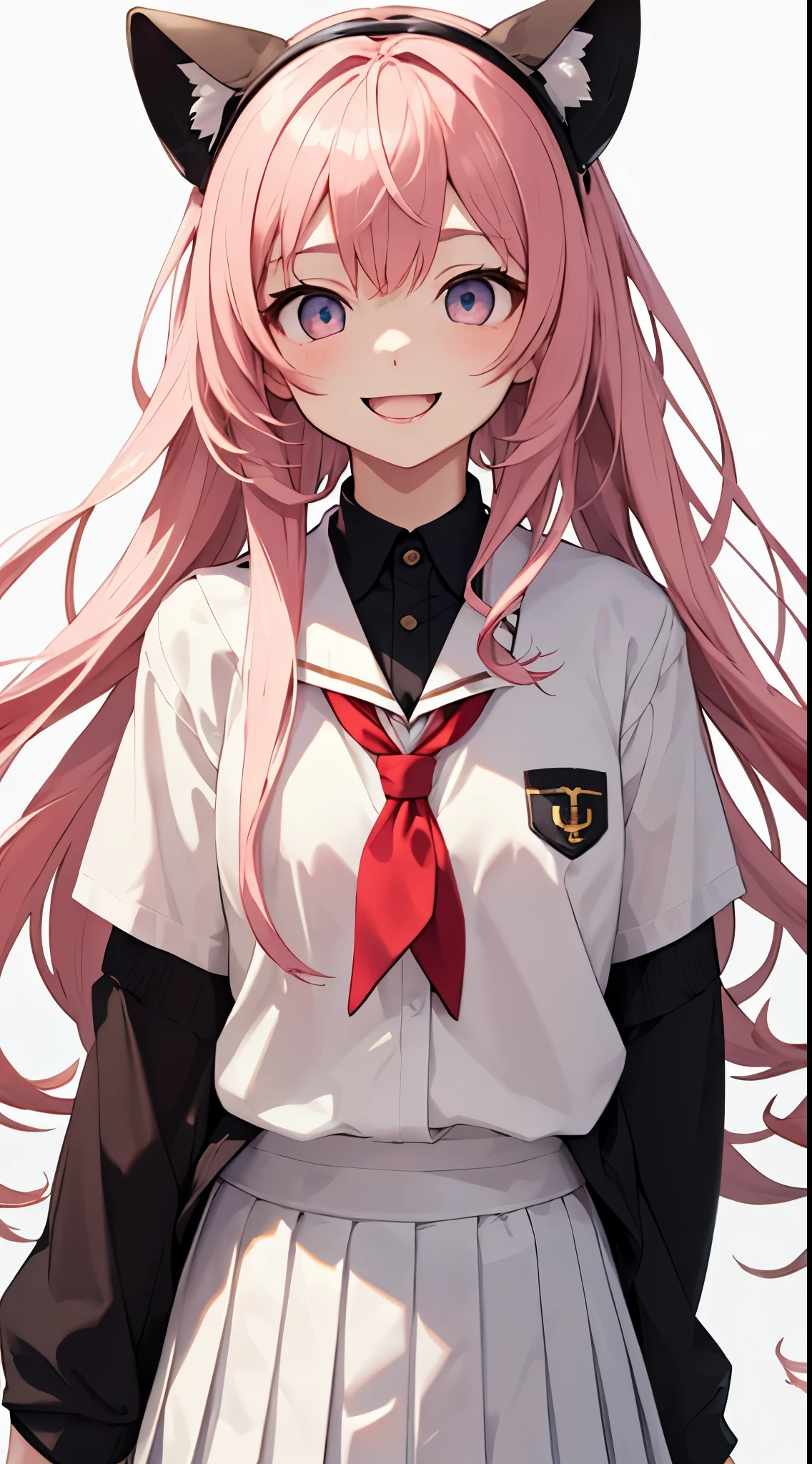 white background、Empty background、 (high quality, Breathtaking),(delicate eyes, perfect face)Upper body shot, solo, Illuminated from the front、lower your arms in front of you、Empty-handed、one girl, girl smiling from the front、Smile with mouth wide open、woman gives blowjob, pink eyes、hanging eyes、tsundere eyes、、Era: late teens, pink hair, , long hair, Empty-handed、White school uniform,white shirt,white pleated skirt,loafers,
