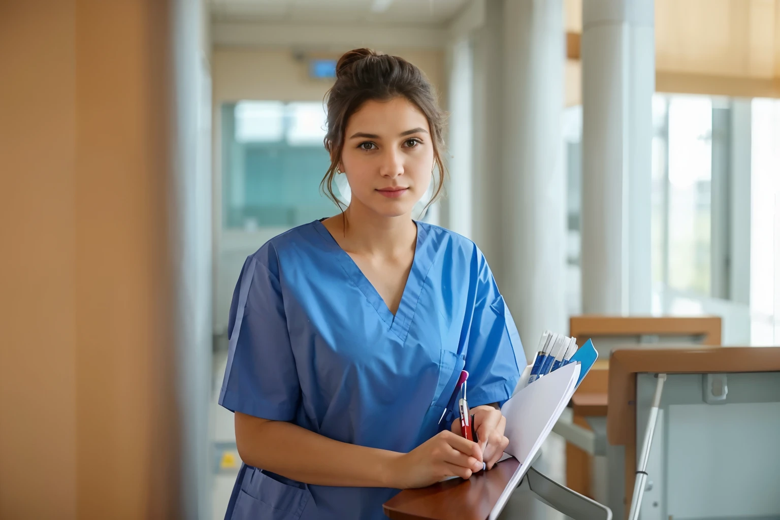 arafed female Infirmière in blue scrubs holding a clipboard and pen, travailleur de la santé, allaitement, portrait of a Infirmière on a stool, Infirmière, Infirmière girl, tenant un bâton de caducée, Infirmière scrubs, photographie médicale, étudiant, tenir un bâton, portrait, porter une blouse d&#39;hôpital, avec un stéthoscope, fille en uniforme, Infirmière uniform