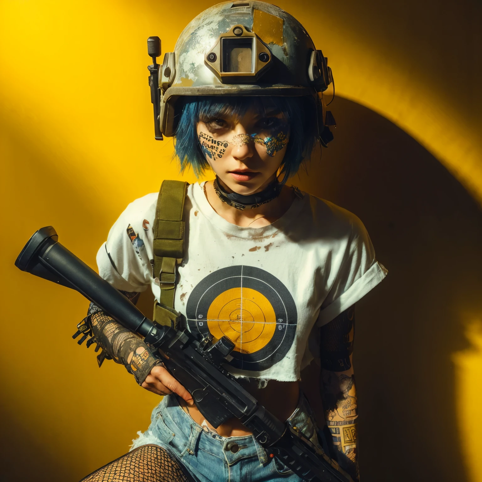 hyper realistic photography, teasing image, mysterious backlight shade full body head to toe of fictional character: an edgy caucasian girl, detail facial, frackles, pore, band aid on her cheeks, short blue hair, wear soldier helmet full badges, cool weird expression, wear white t-shirt with target pictures, wear jeans shortpants & net stockings, wear military boot, cool posing and hold a bazooka, background yellow limbo wall, photo by Fujifilm XF 56mm f/1.2 R Lens. HDR10 8K, good anatomy of body, hand & fingers.
