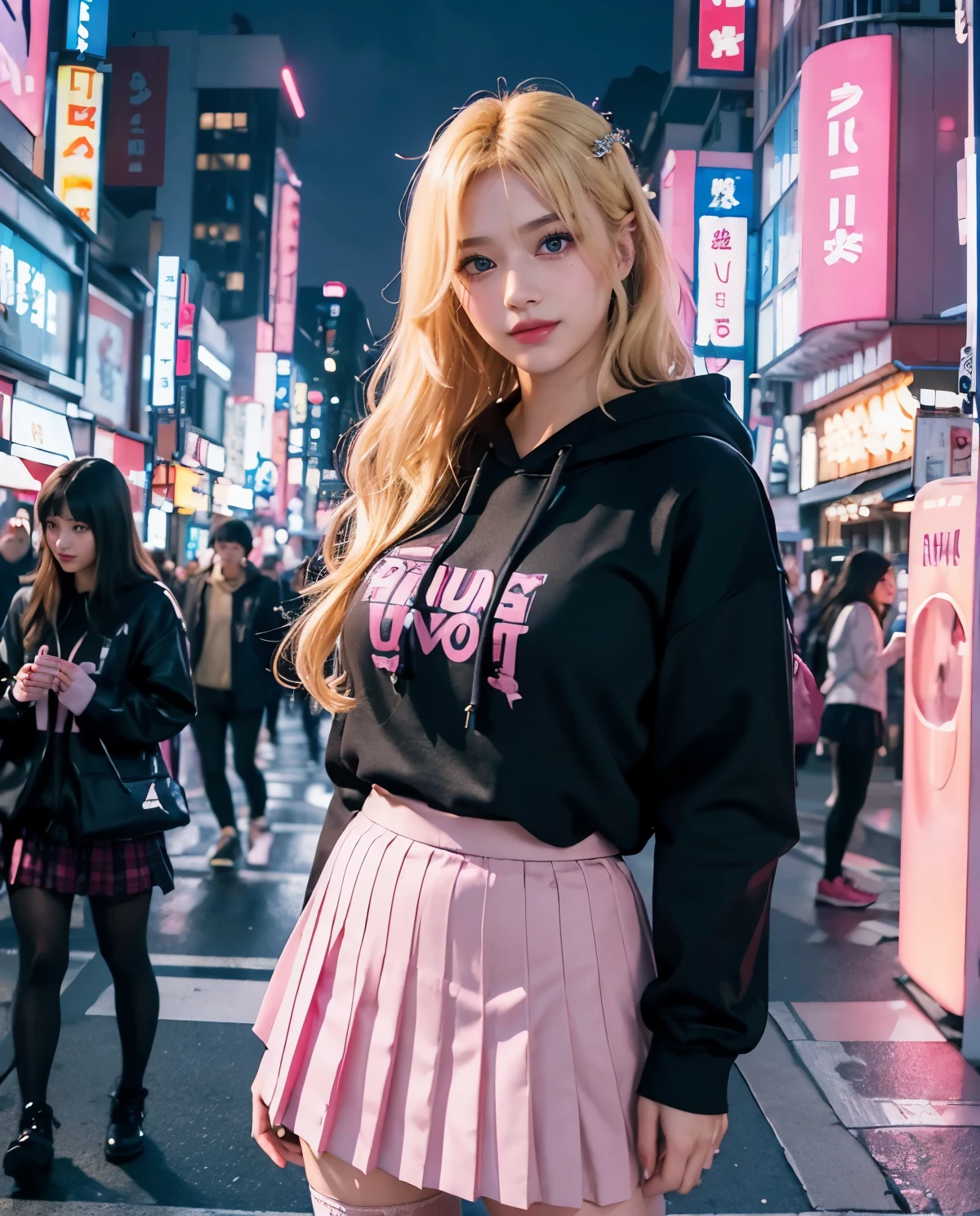1girl, Blue eyes, (smile), (fishnet stockings), shiny makeup, (Sana Minatozaki), wide hips, Big , big ass, (Best Quality, 8k, Masterpiece: 1.3), perfect hands, Clear Focus: 1.2, Perfect Body Beauty: 1.4, Highly detailed face and skin texture, detailed eyes, double eyelids, (blonde long hair :1.2), (black hoodie), (hot pink pleated skirt :1.2), standing, dynamic pose, in the Akihabara neighborhood at night, illuminated by colorful signs, Tokyo Japan