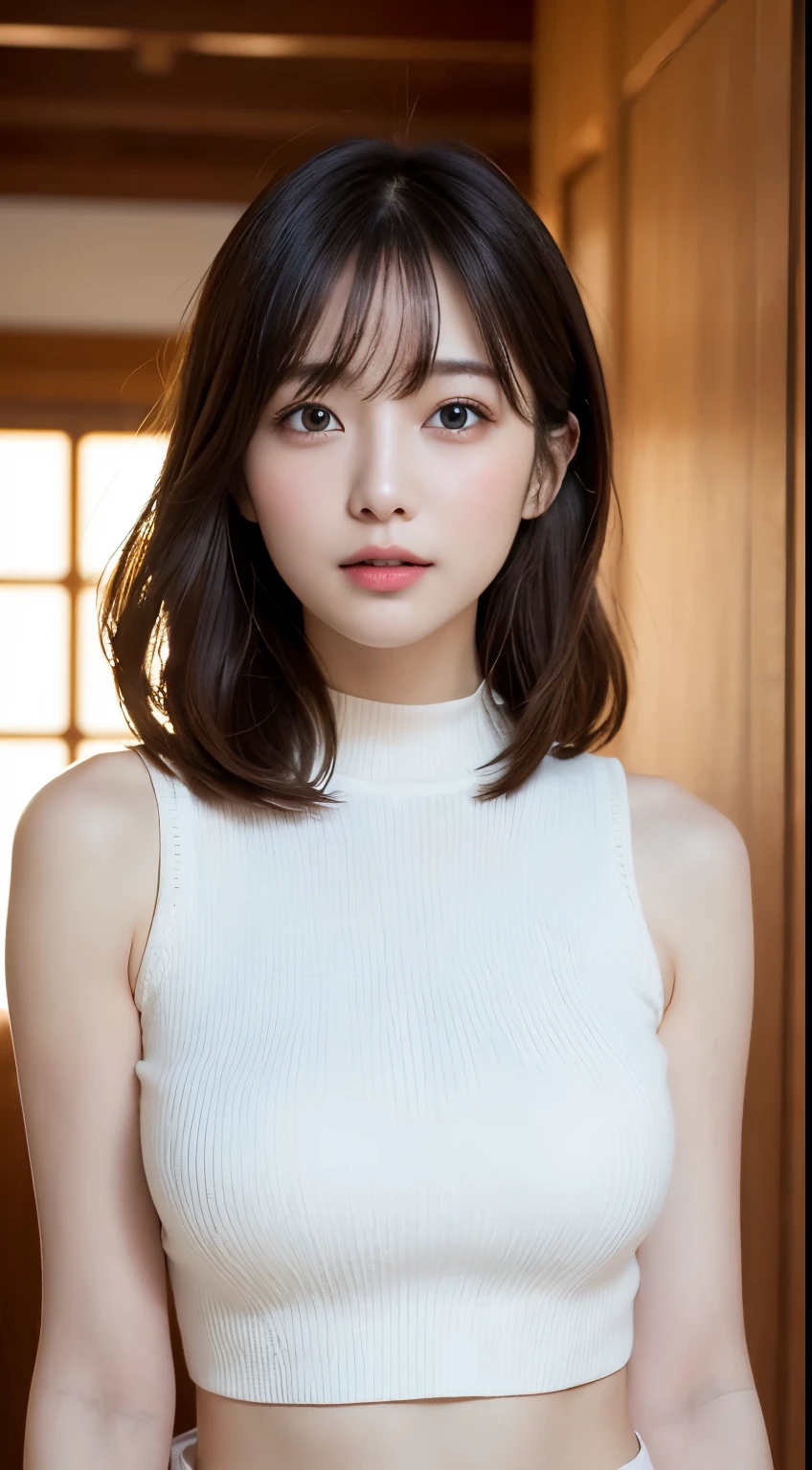 table top, highest quality, Photoreal, finely, High resolution, 8k wallpaper, perfect dynamic composition, beautiful and fine eyes, medium hair, big and full breasts, random sexy poses,chest to chest、(Open Chest Mock Neck Crop Tank Top White Knitwear Clear Clave)、(Breast bulge 1.2)、laughter、open your mouth、resort scenery、25 years old、(droopy eyes 1.4)、Adult beauty、Japanese