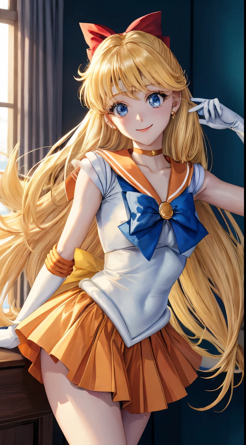 masterpiece, highest quality, High resolution, venus1, 1 girl, alone, Sailor Senshi Uniform, sailor venus, aino minako, blonde hair, Magical girl, blue eyes, Orange skirt, elbow bag, tiara, pleated skirt, hair ribbon, orange sailor collar, mini skirt, choker, red bow, orange choker, white gloves, very long hair, jewelry, earrings, cowboy shot, smile,