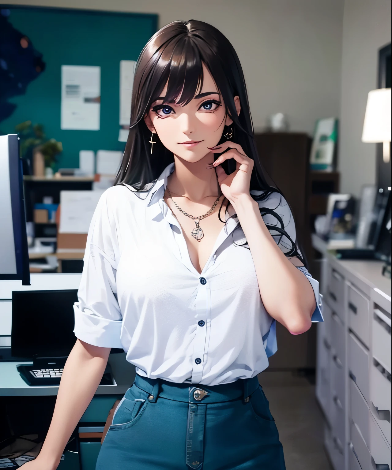 face portrait of 1girl, light long hair, wearing a secretary suit, in an office, (slightly smiling), closeup, (makeup), earring, necklace, detailed eyes, limbal ring, (masterpiece, best quality, high quality), hyperdetailed, highres, high detail, intricate detail, HDR, 8k wallpaper, sharp focus, detailed background, realistic, photorealistic, perfect hands, realistic eyes, detailed skin texture, (blush:0.5), (goosebumps:0.5), subsurface scattering