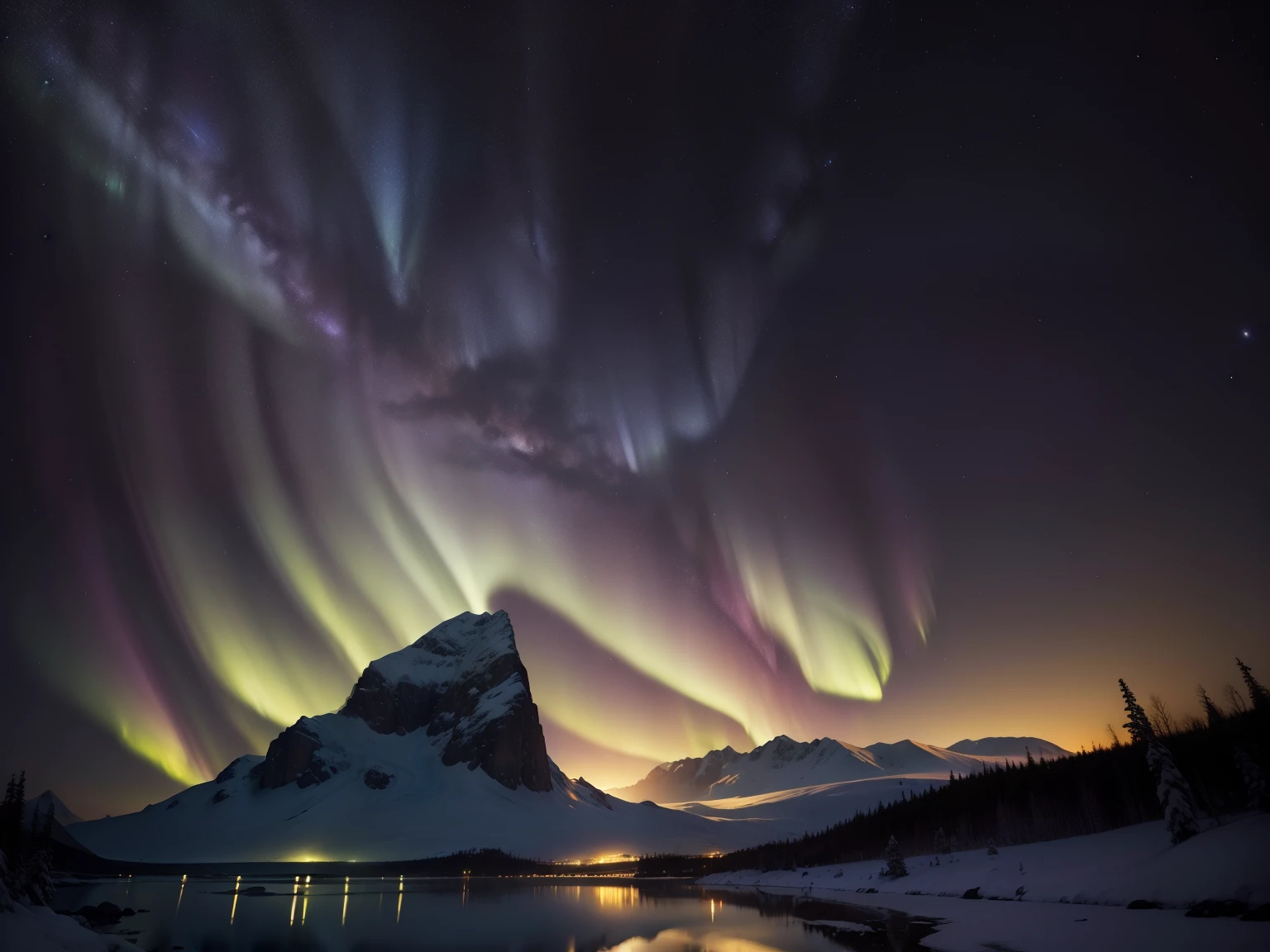 (((obra-prima))), realista, 4k, alto detalhamento, widescreen, 16:9, hd, firmamento, fotografia noturna, night sky, estrelas, aurora boreal, north pole
