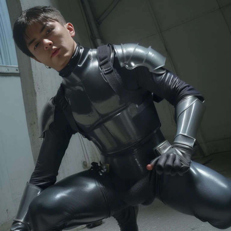 ((Best Quality, 8K, ultra-detailed, Masterpiece: 1.3)), 1boy, shiny skin, sharp, Perfect Body Beauty, realistic shaded perfect body, (cute baby face:1.1),("bodysuit, techwear,big bulge ":1.2),("leggins , armor":1.1),("glove, armor":1.1 ),(techwear)(dynamic pose:1.1), thigh , battle field , (bulge focus:1.2) , all fours