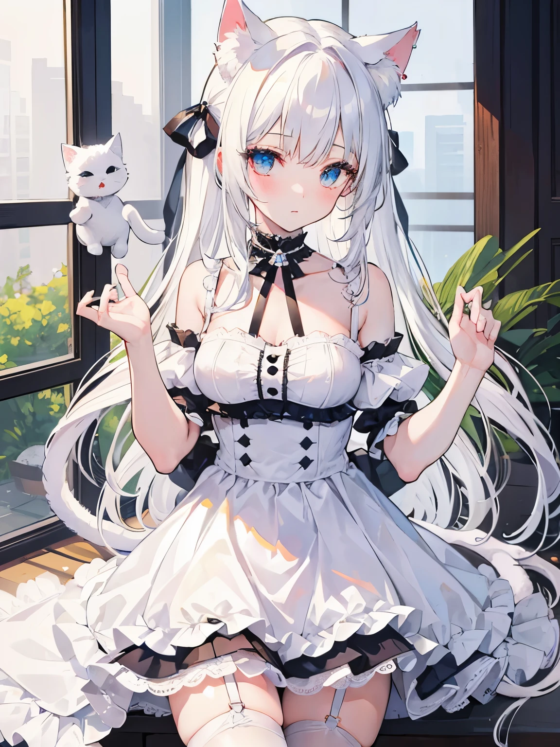 Lazy wind,wide blue eyes,White hair,Dull hair,Beast-eared maiden,White tones,sitted,1girll,Solo,adolable,white dresses,Big hazy eyes,Facial details are exquisite,Beth,onbed,Impeccable,Cute pose,Plush cat's paw gloves,Shy laugh,The complexion is reddish