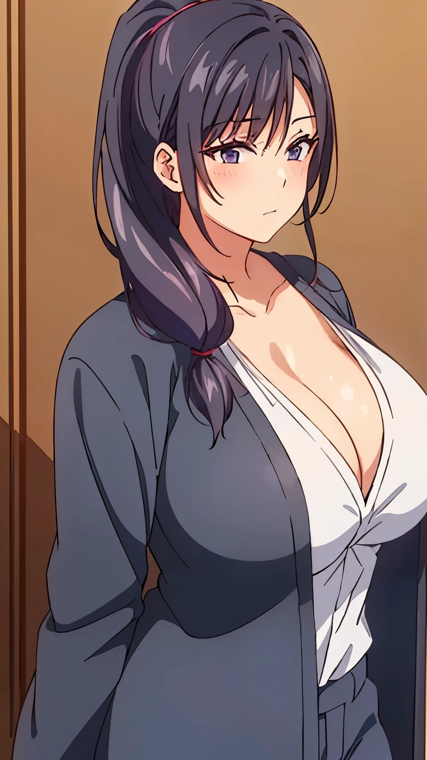 a close up of a person with a shirt on and a top on, seductive anime girl, perfect black haired girl, black hair (ponytail), black hair, thicc, female anime character, most strongest pose, attractive anime girl, black haired, black hair girl, anime girl, anime woman, revealing clothes, black haired deity, anime best girl