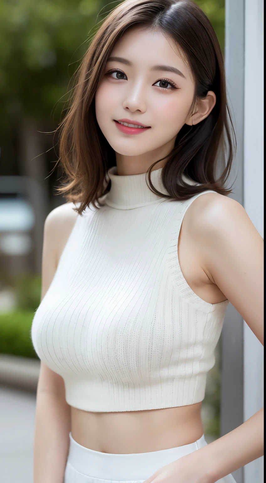 table top, highest quality, Photoreal, finely, High resolution, 8k wallpaper, perfect dynamic composition, beautiful and fine eyes, medium hair, big and full breasts, random sexy poses,chest to chest、(Open Chest Mock Neck Crop Tank Top White Knitwear Clear Clave)、(Breast bulge 1.2)、laughter、open your mouth、resort scenery、25 years old、(droopy eyes 1.4)、Adult beauty、Japanese