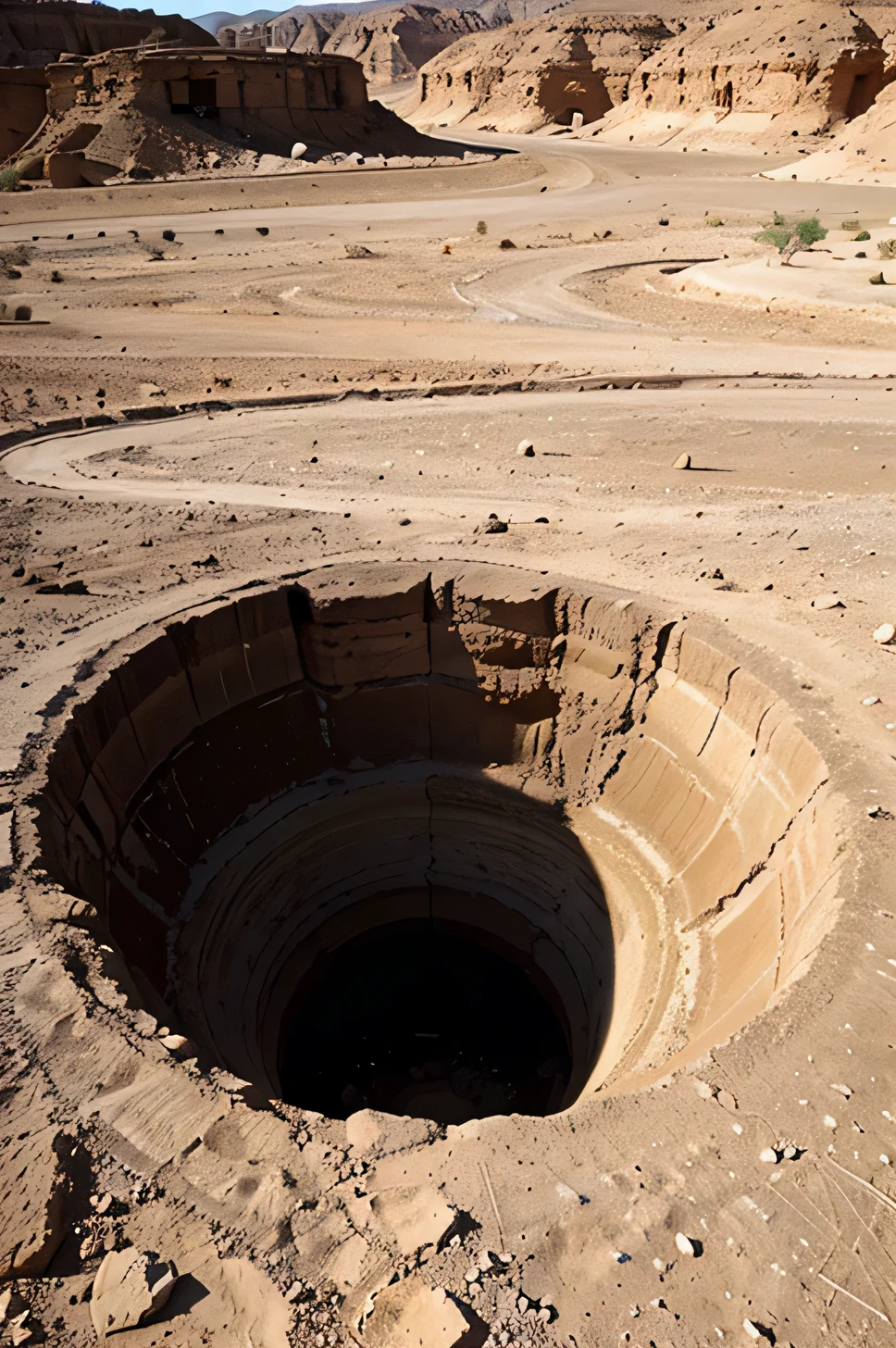 
Image of a deep hole in the ground, No meio da estrada, 1900 a.C., desert scenery, luz da tarde