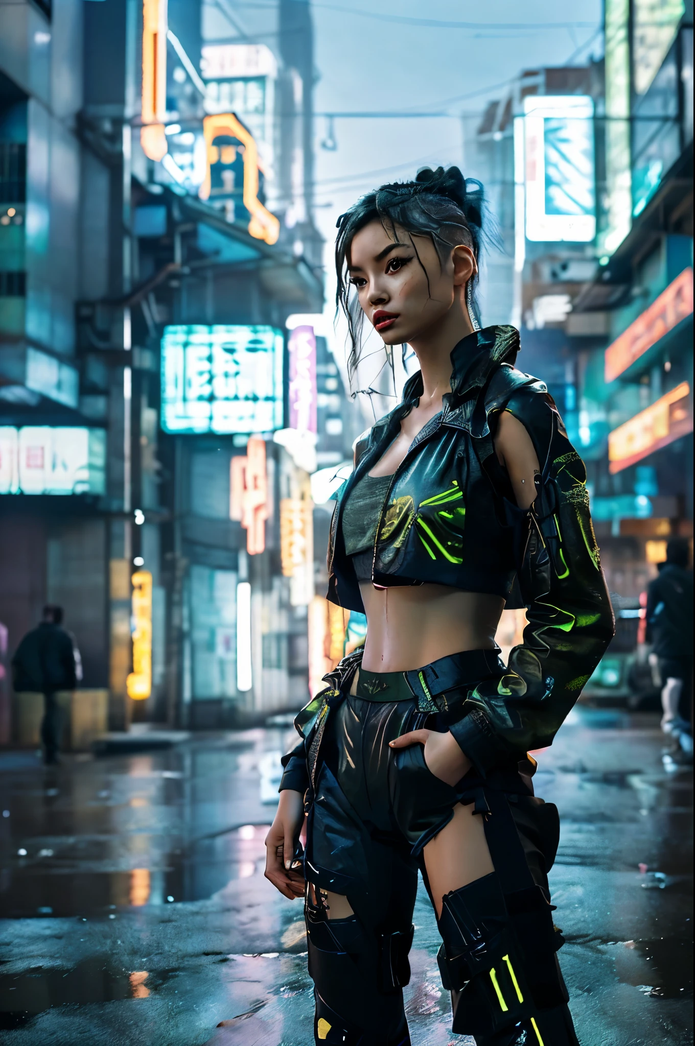 16K, Realistic photographic image, Masterpiece, Shot with a SLR camera, Canon, aperture 1.8, Hyperrealism, 1 girl in the frame, Chinese girl, similar to Linda Evangelista in her youth, futuristic image, cyberpunk style, dark hair in a tight bun , She stands at full height, wearing an acid green MEGA oversized jacket, her hands in the pockets of the jacket, transparent black tights on her legs, against the backdrop of a gray gloomy cyberpunk city, in the background there are neon signs, on the signs it is written in Chinese.